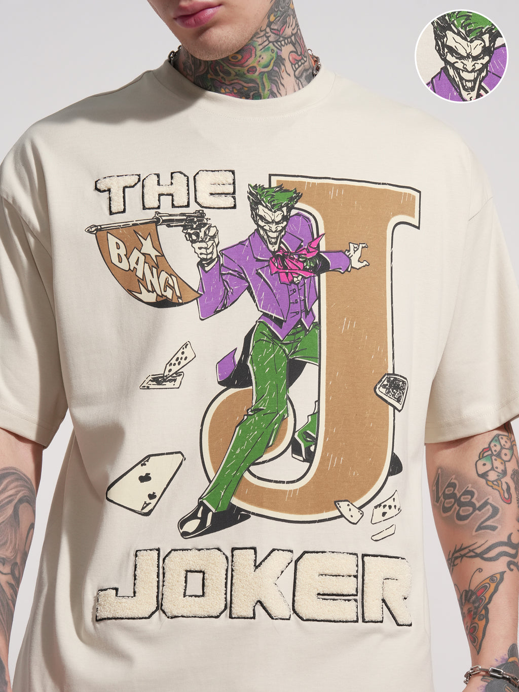 DC By Highlander Men Cream Joker Printed Round Neck Oversized Fit T-Shirt - Cream - Image 5