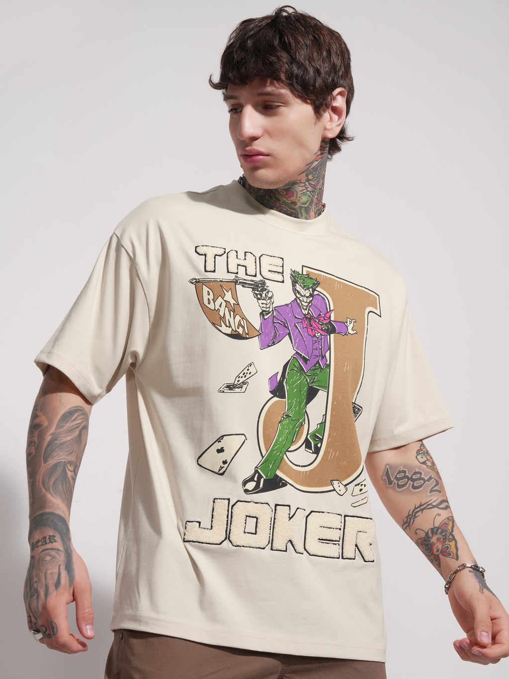 DC By Highlander Men Cream Joker Printed Round Neck Oversized Fit T-Shirt - Cream - Image 6