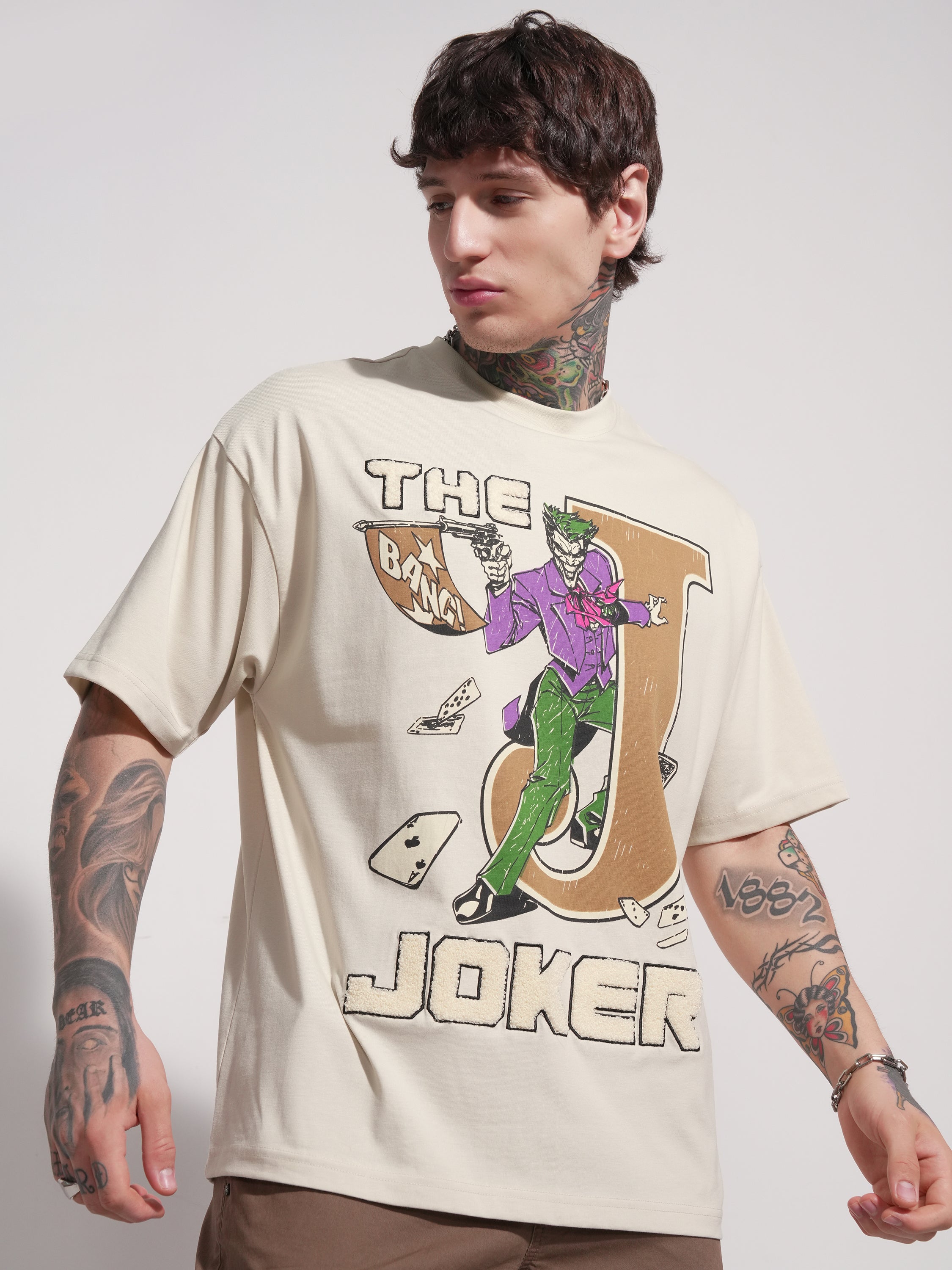DC By Highlander Men Cream Joker Printed Round Neck Oversized Fit T-Shirt - Cream - Image 6