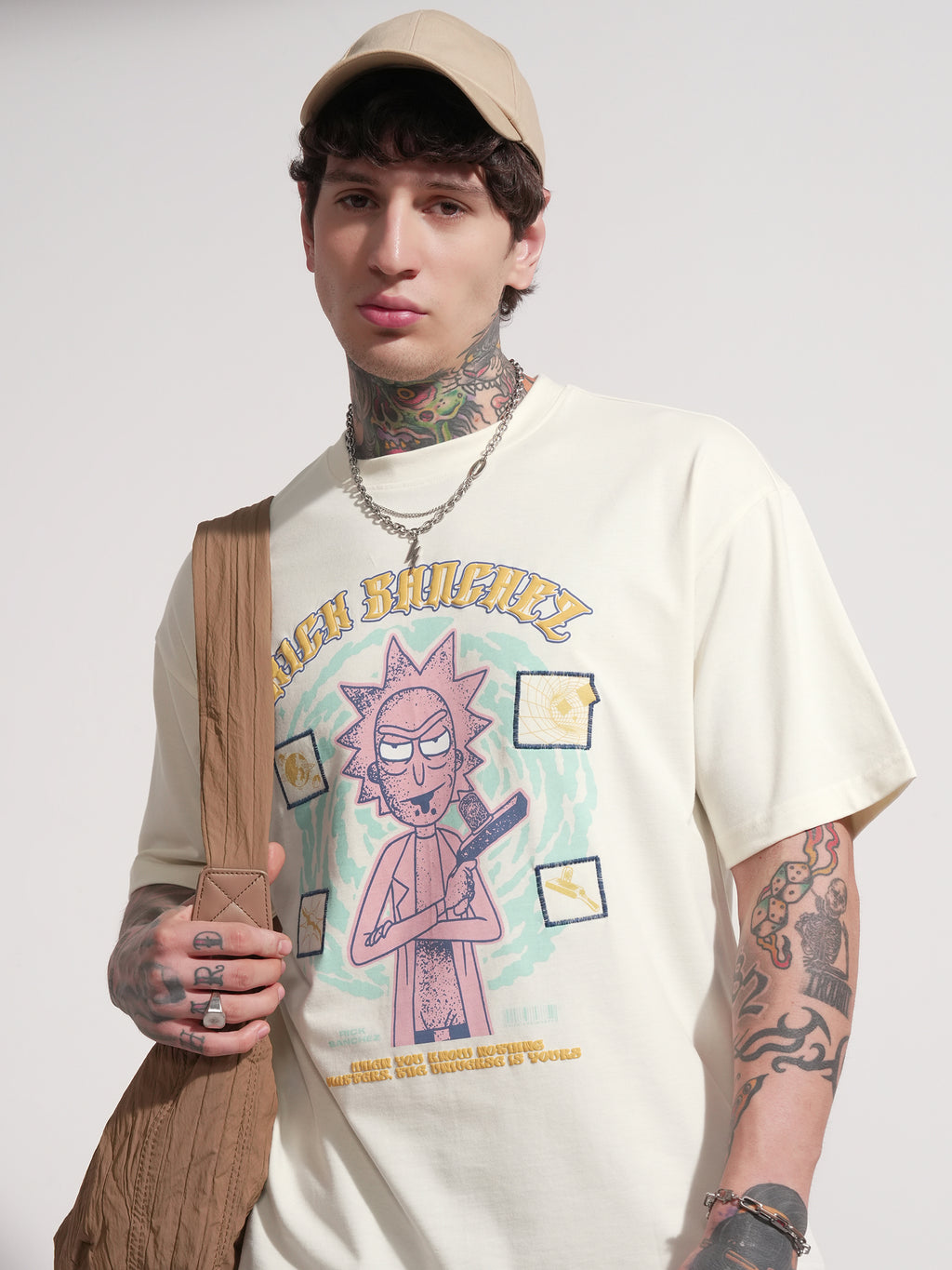 WB By Highlander Men Off White Rick and Morty Printed Round Neck Oversized Fit T-Shirt - Off White - Image 1