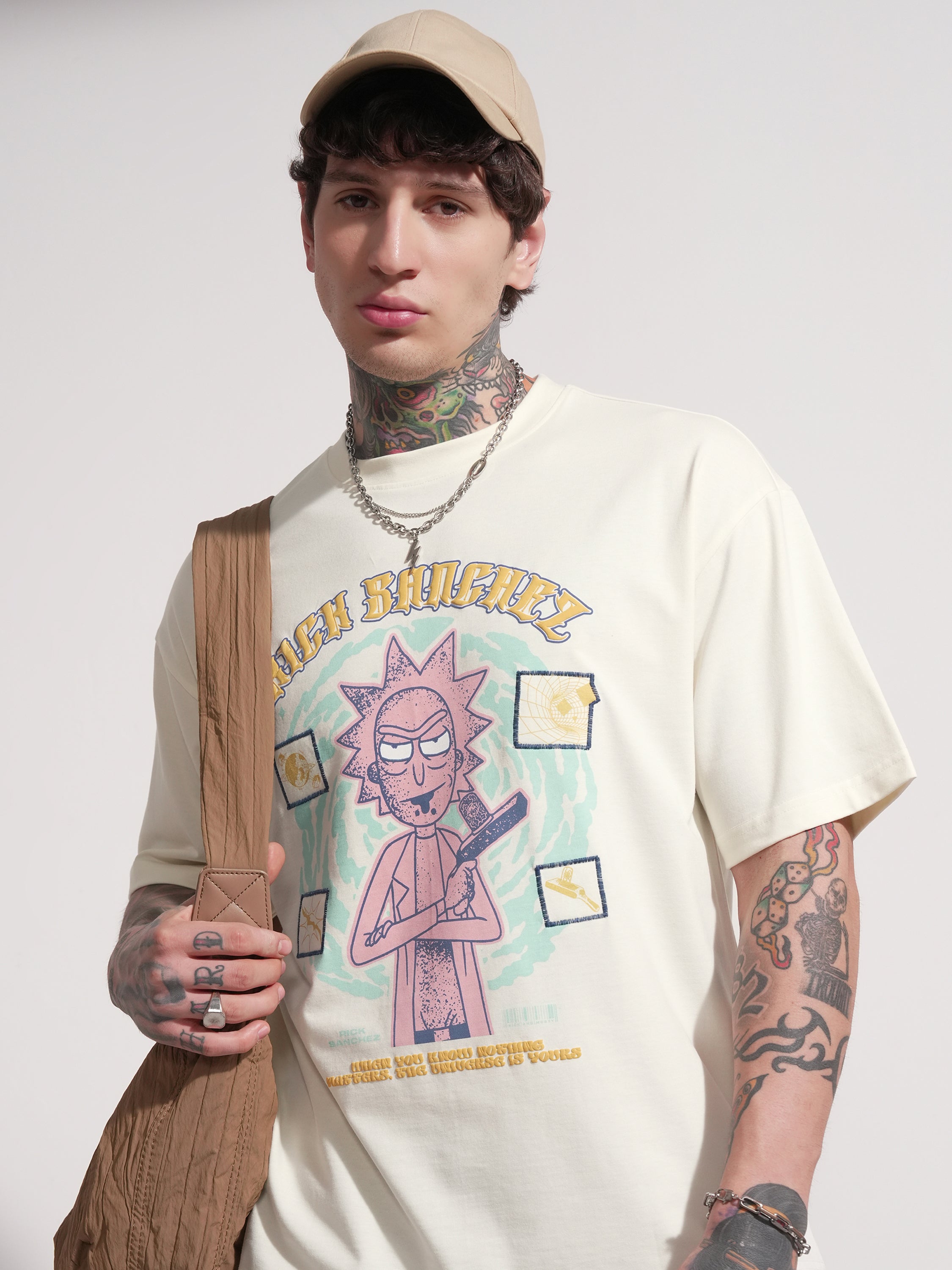 WB By Highlander Men Off White Rick and Morty Printed Round Neck Oversized Fit T-Shirt - Off White - Image 1