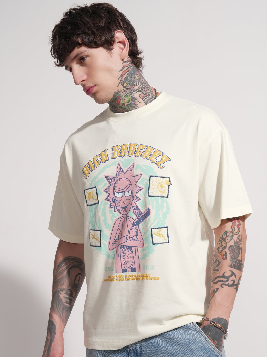 WB By Highlander Men Off White Rick and Morty Printed Round Neck Oversized Fit T-Shirt - Off White - Image 4