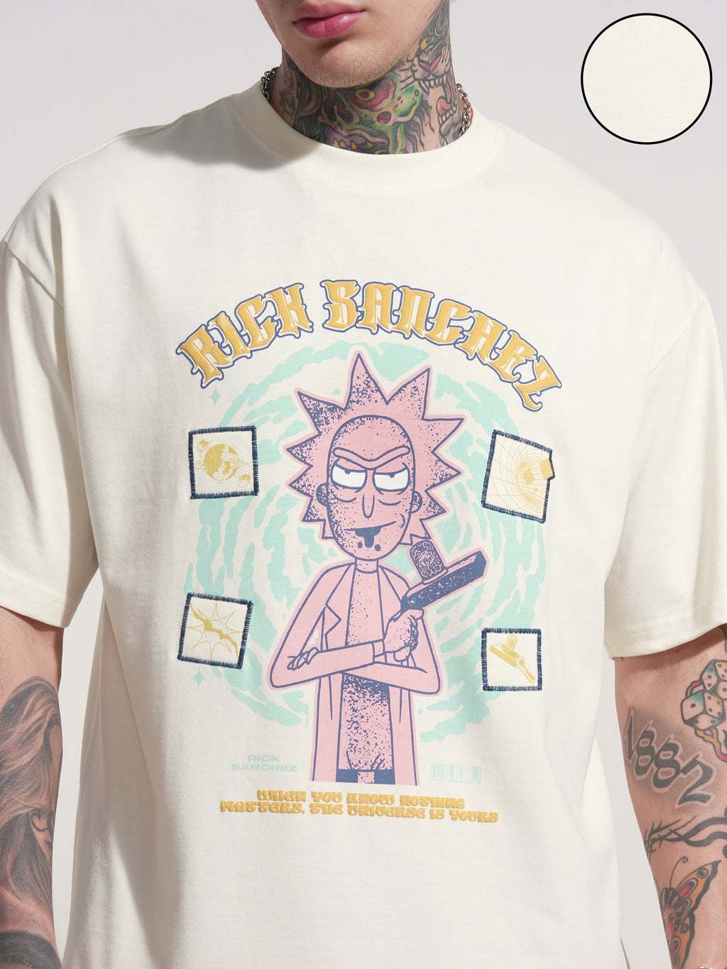 WB By Highlander Men Off White Rick and Morty Printed Round Neck Oversized Fit T-Shirt - Off White - Image 5