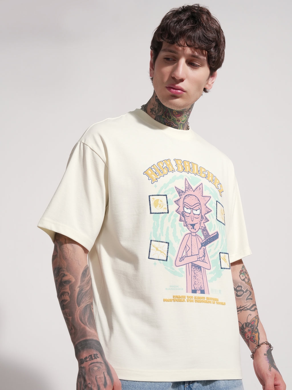 WB By Highlander Men Off White Rick and Morty Printed Round Neck Oversized Fit T-Shirt - Off White - Image 6