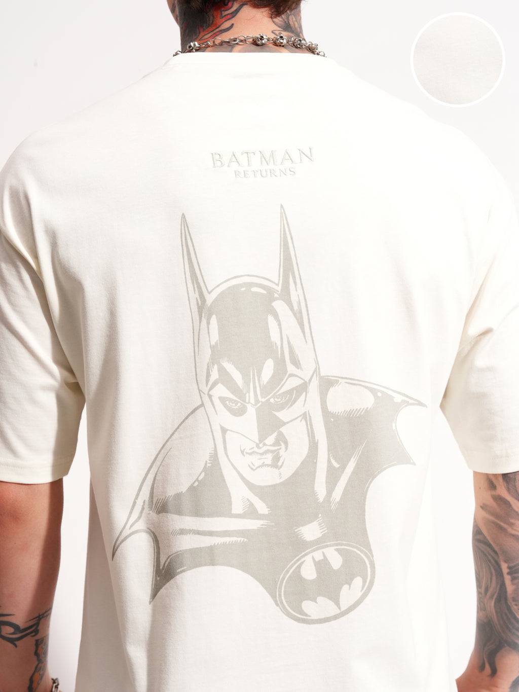 DC By Highlander Men Off White Batman Printed Round Neck Oversized Fit T-Shirt - Off White - Image 5