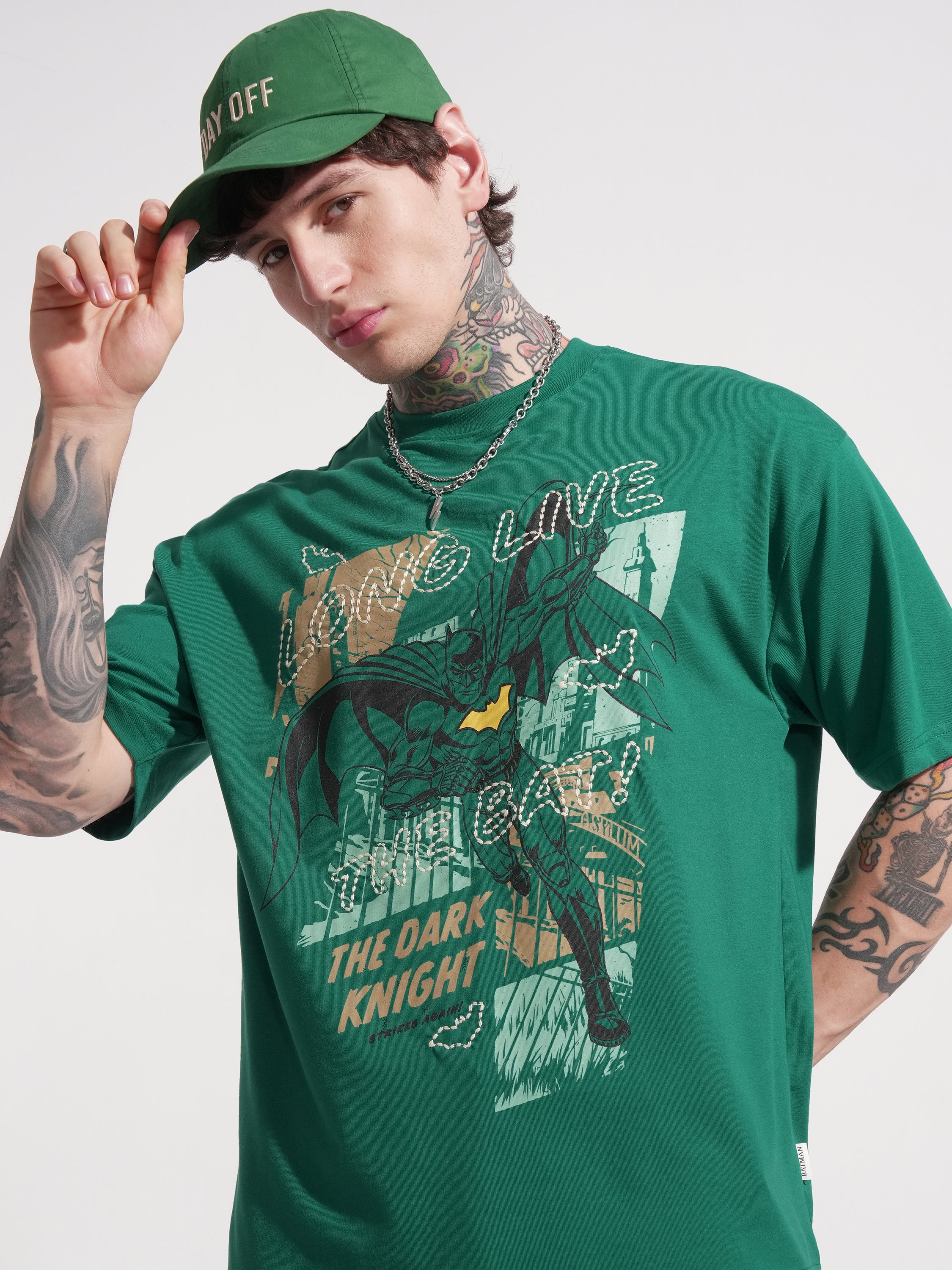DC By Highlander Men Green Batman Printed Round Neck Oversized Fit T-Shirt - Green - Image 1