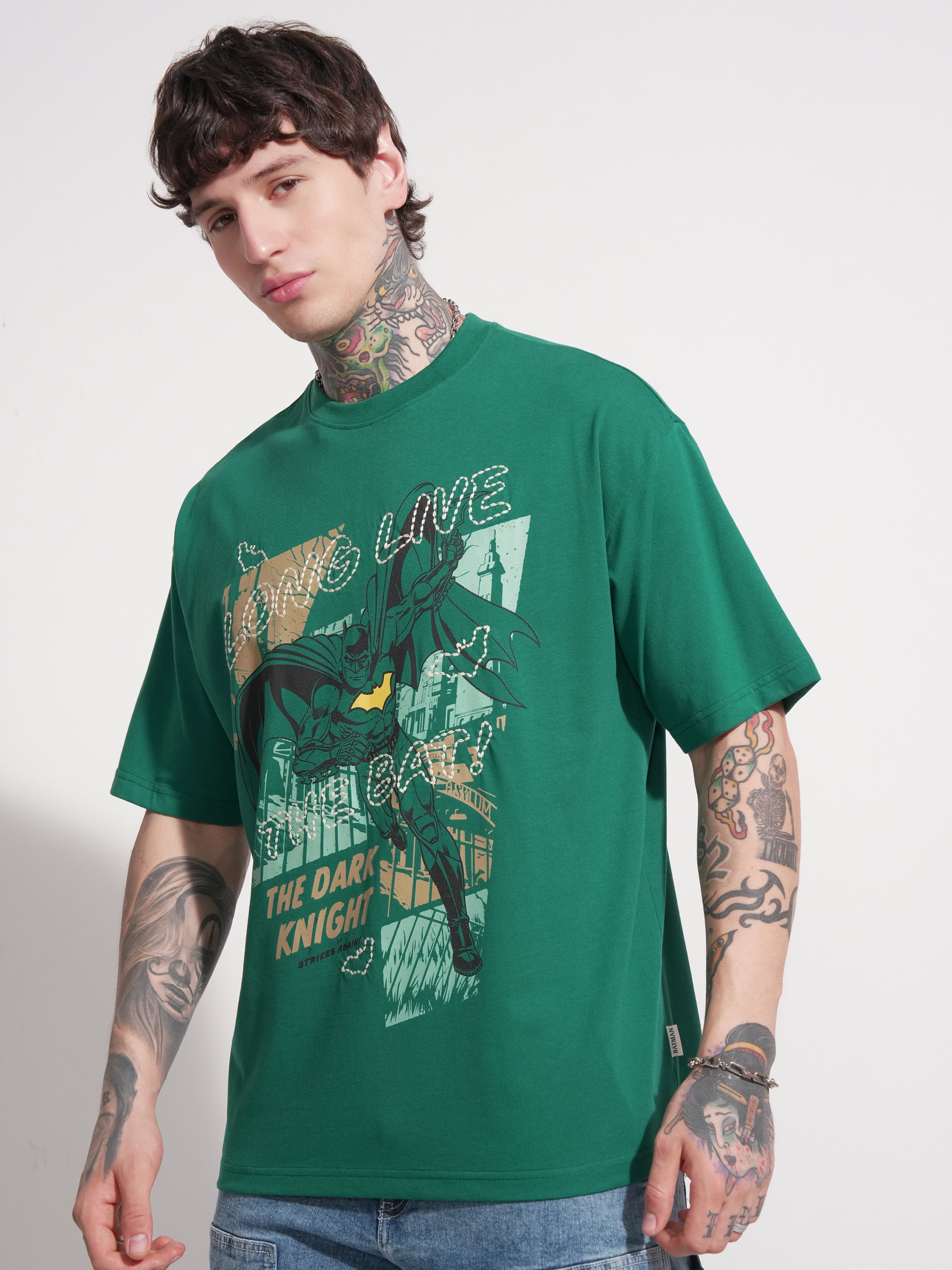 DC By Highlander Men Green Batman Printed Round Neck Oversized Fit T-Shirt - Green - Image 4