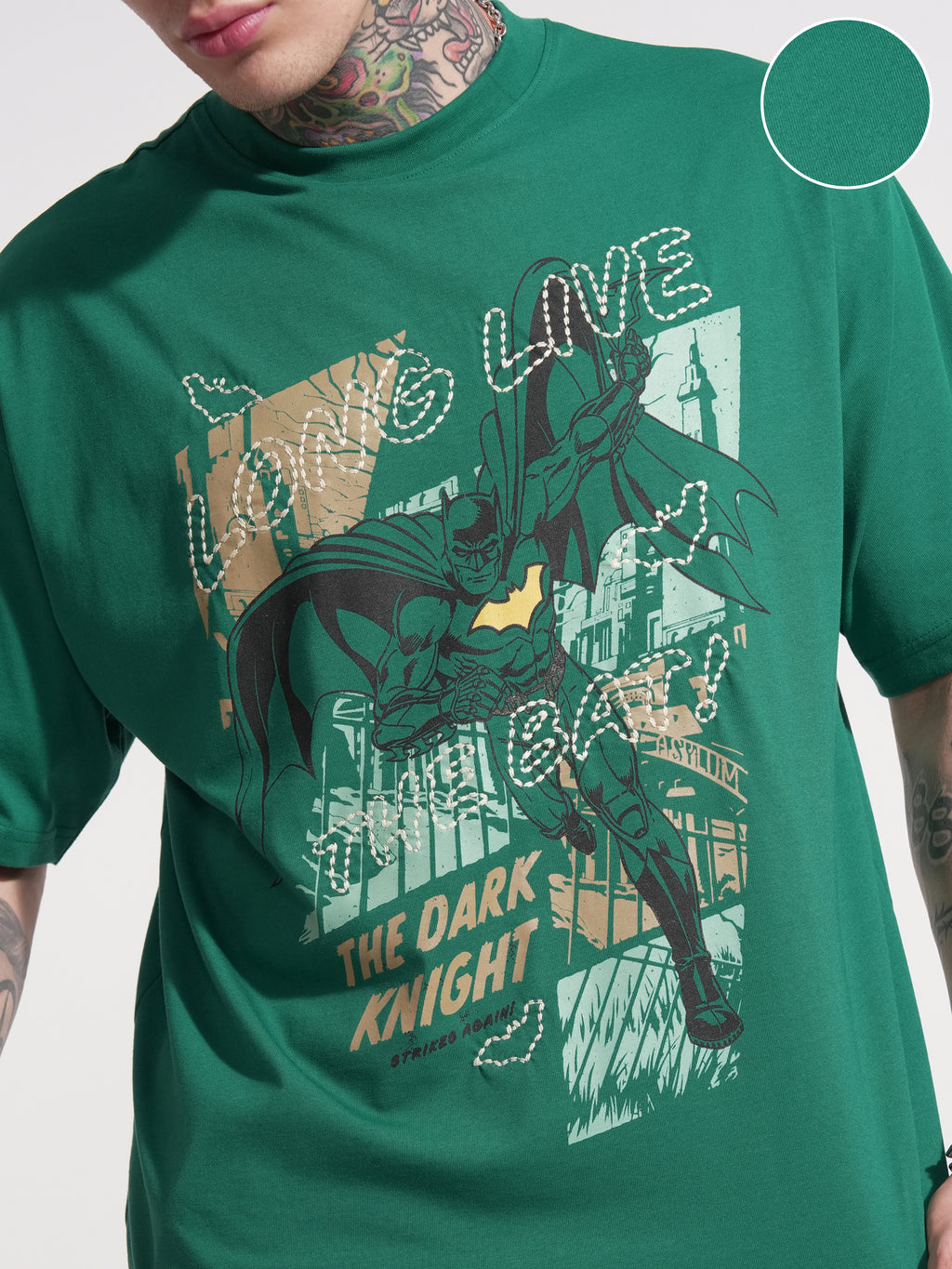 DC By Highlander Men Green Batman Printed Round Neck Oversized Fit T-Shirt - Green - Image 5