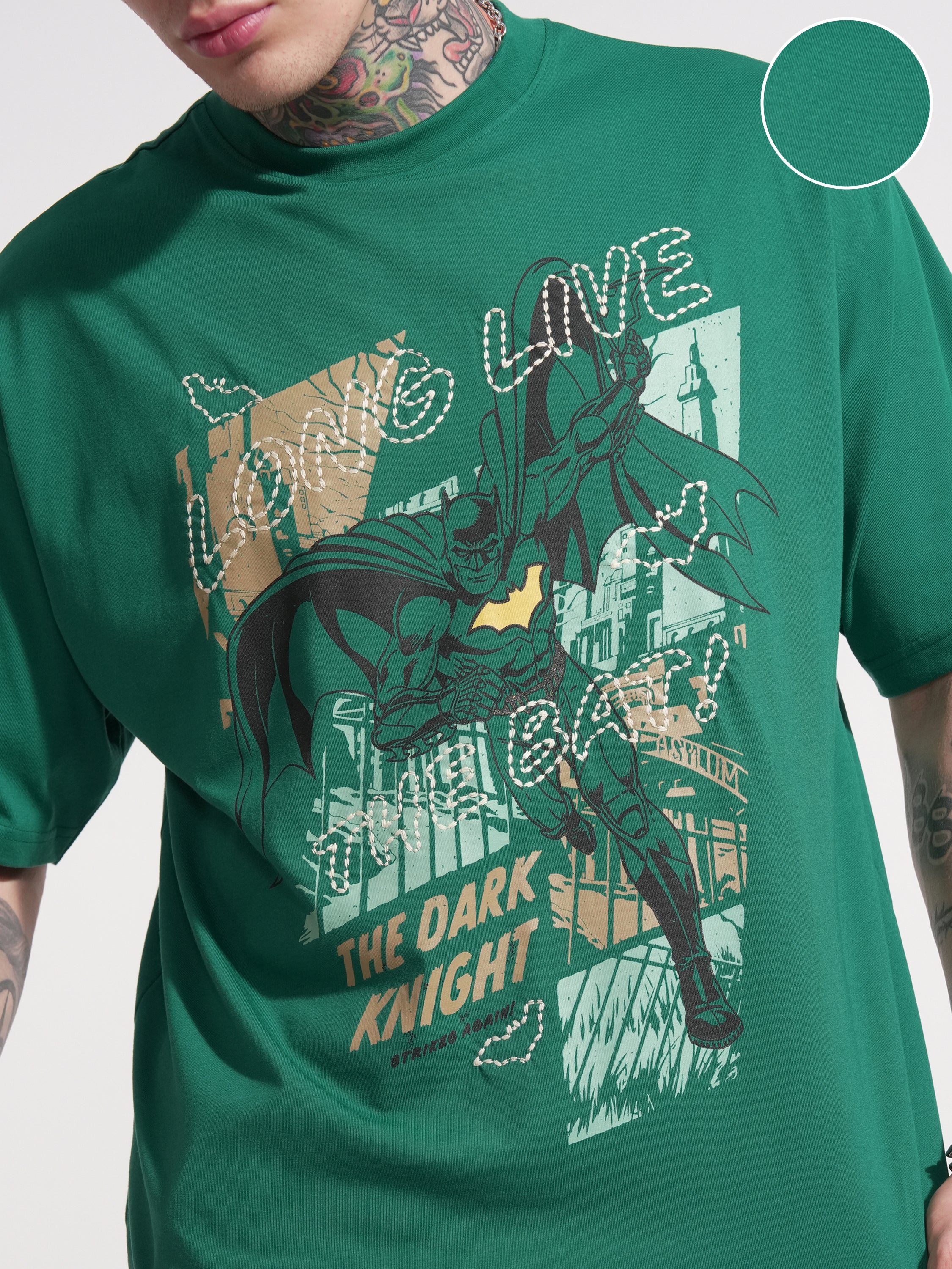 DC By Highlander Men Green Batman Printed Round Neck Oversized Fit T-Shirt - Green - Image 5