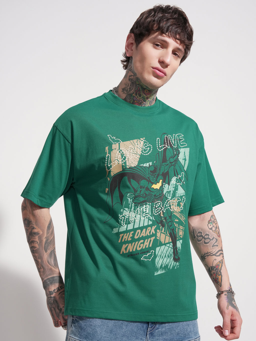 DC By Highlander Men Green Batman Printed Round Neck Oversized Fit T-Shirt - Green - Image 6