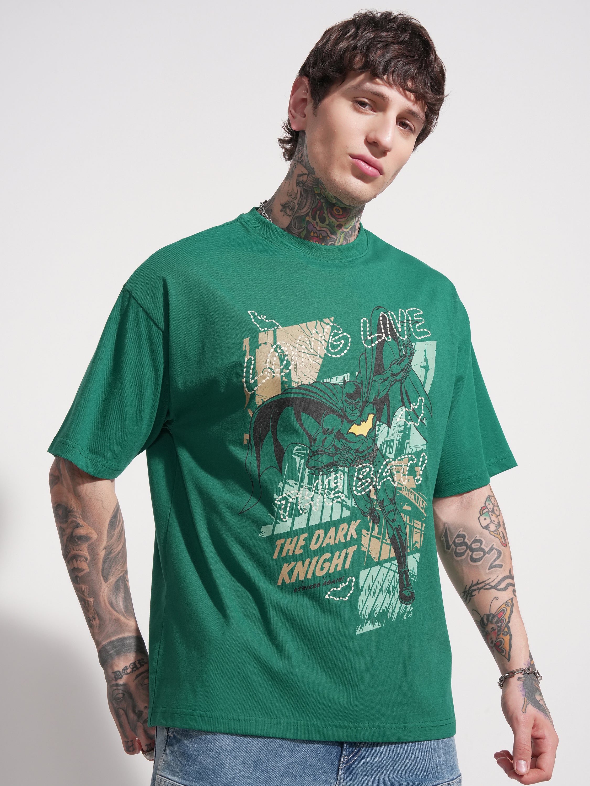 DC By Highlander Men Green Batman Printed Round Neck Oversized Fit T-Shirt - Green - Image 6
