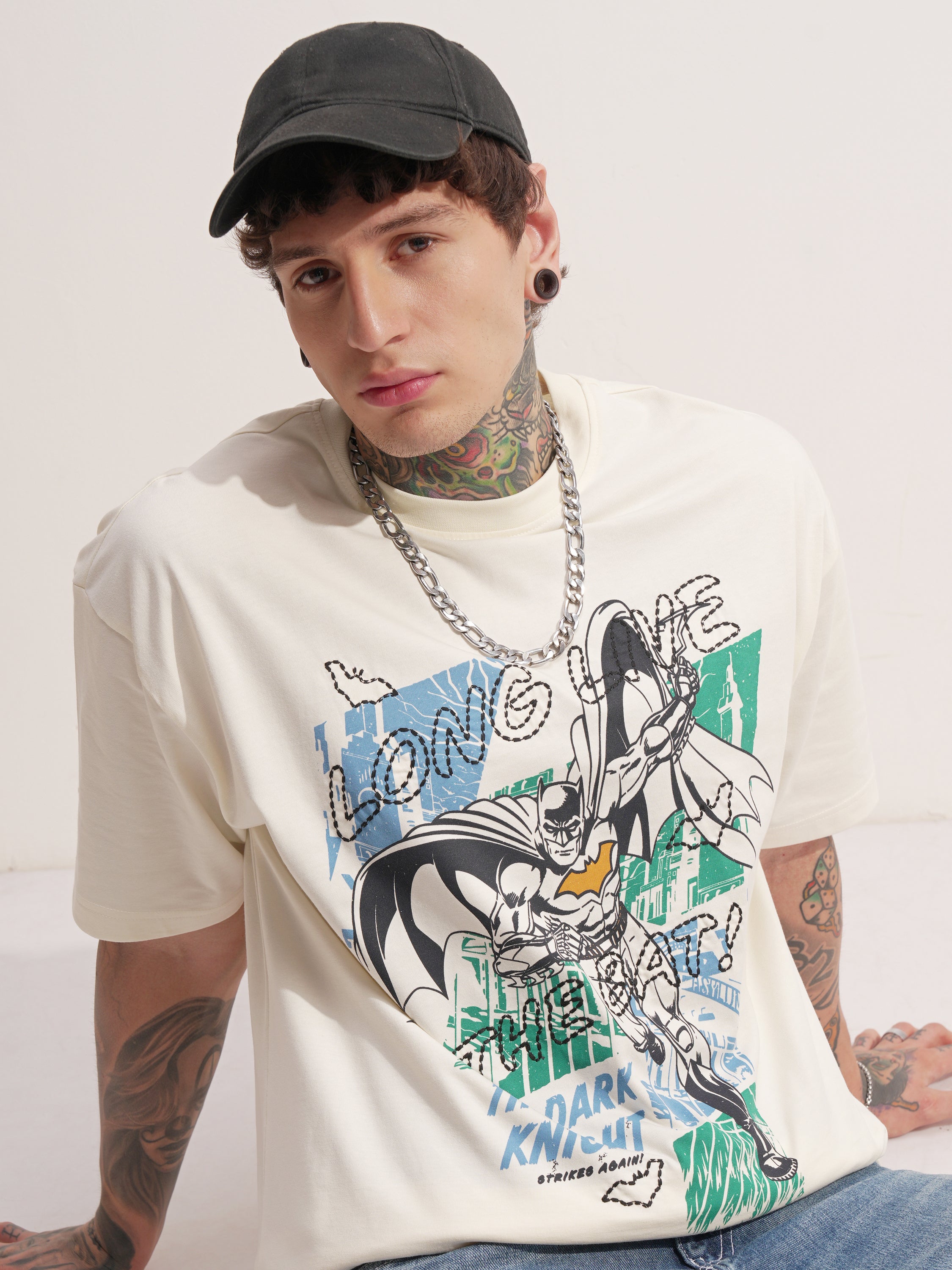 DC By Highlander Men Off White Batman Printed Round Neck Oversized Fit T-Shirt - Off White - Image 1