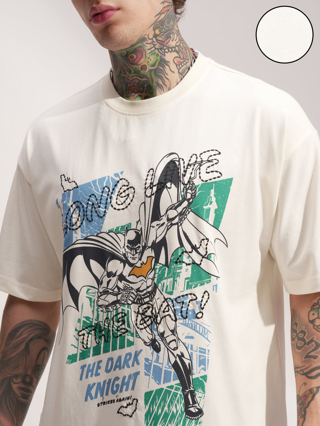 DC By Highlander Men Off White Batman Printed Round Neck Oversized Fit T-Shirt - Off White - Image 5