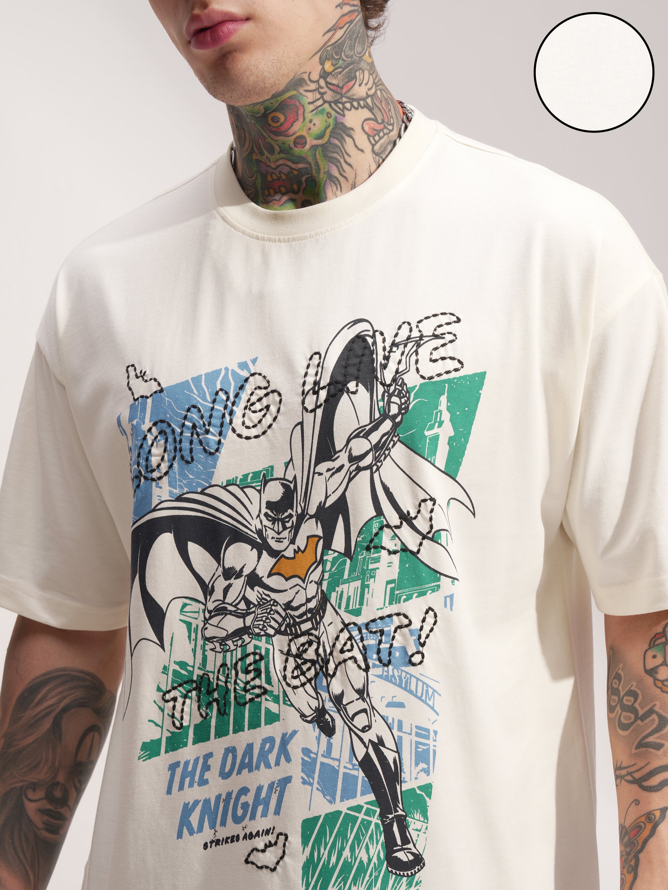 DC By Highlander Men Off White Batman Printed Round Neck Oversized Fit T-Shirt - Off White - Image 5