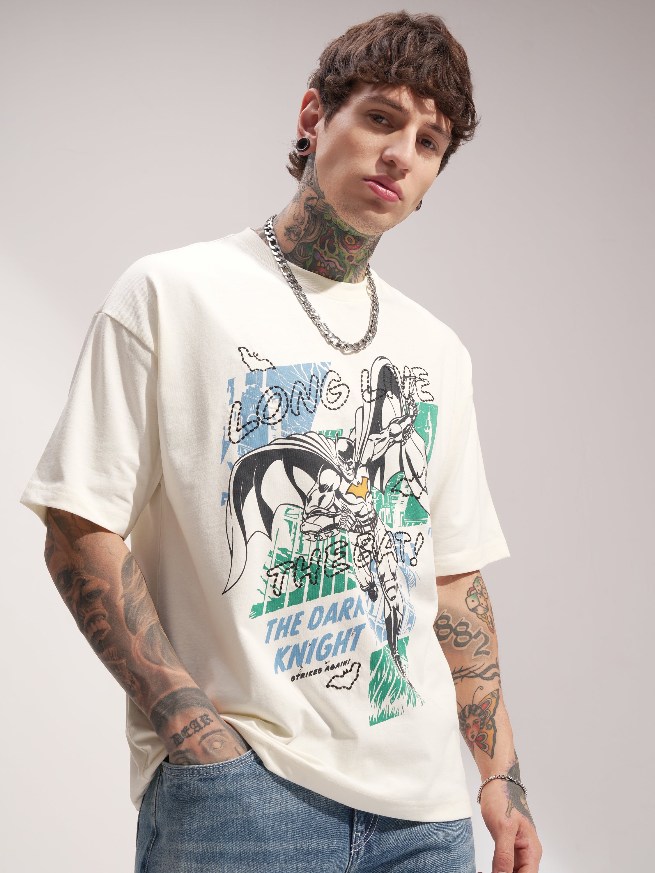 DC By Highlander Men Off White Batman Printed Round Neck Oversized Fit T-Shirt - Off White - Image 6