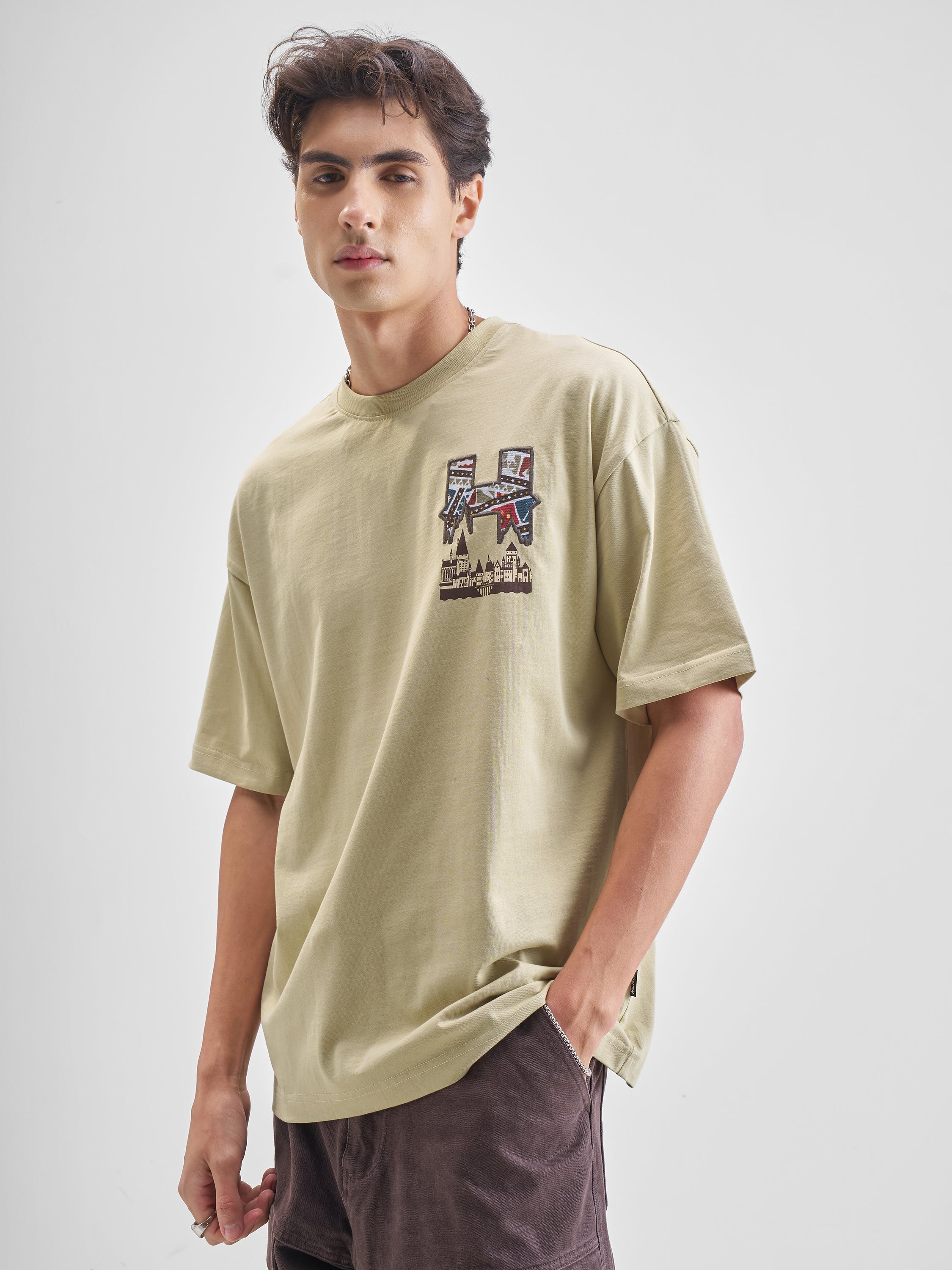 WB By Highlander Men Beige Harry Potter Printed Round Neck Oversized Fit T-Shirt - Beige - Image 4
