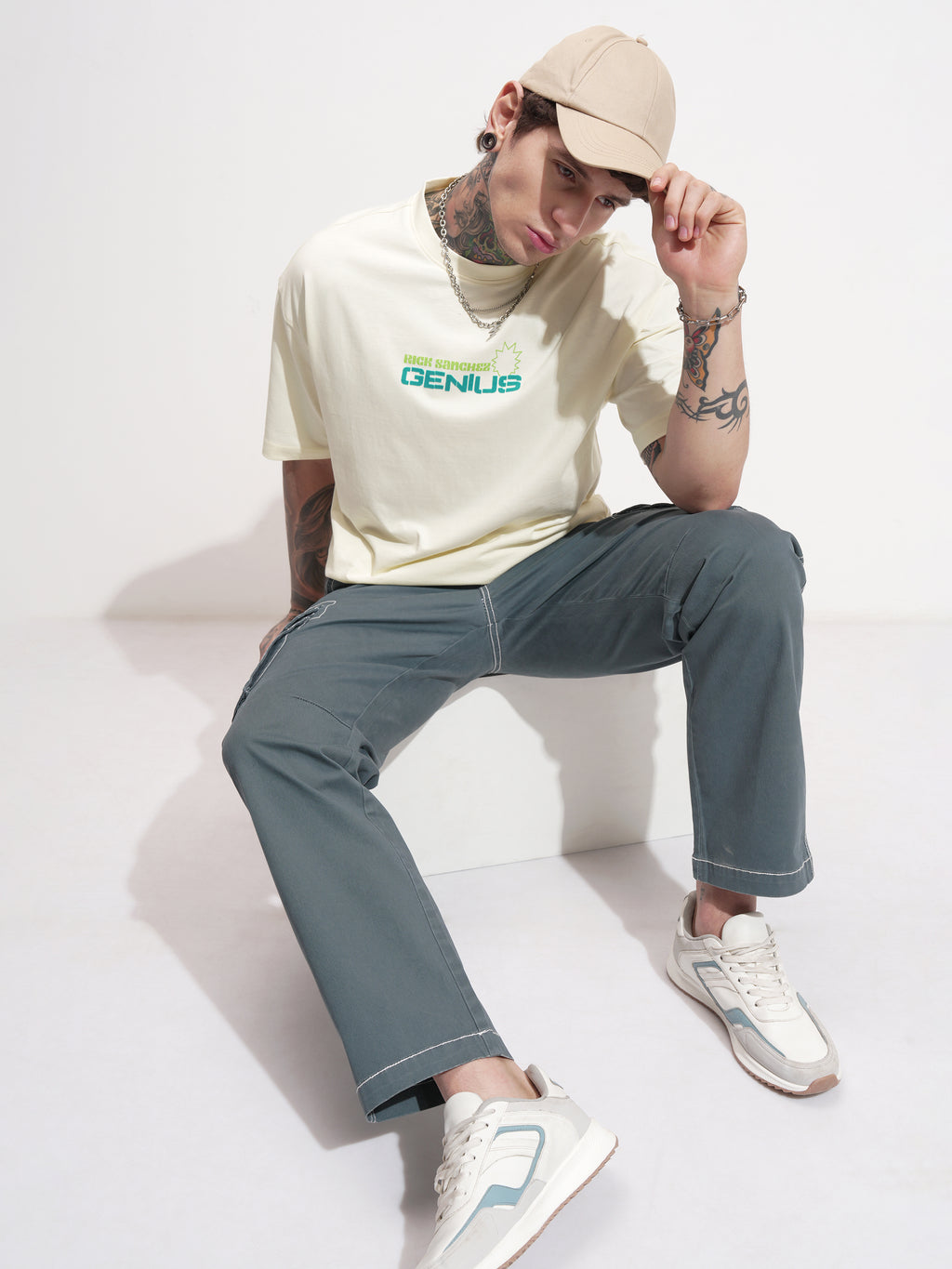 WB By Highlander Men Beige Rick And Morty Printed Round Neck Oversized Fit T-Shirt - Beige - Image 2