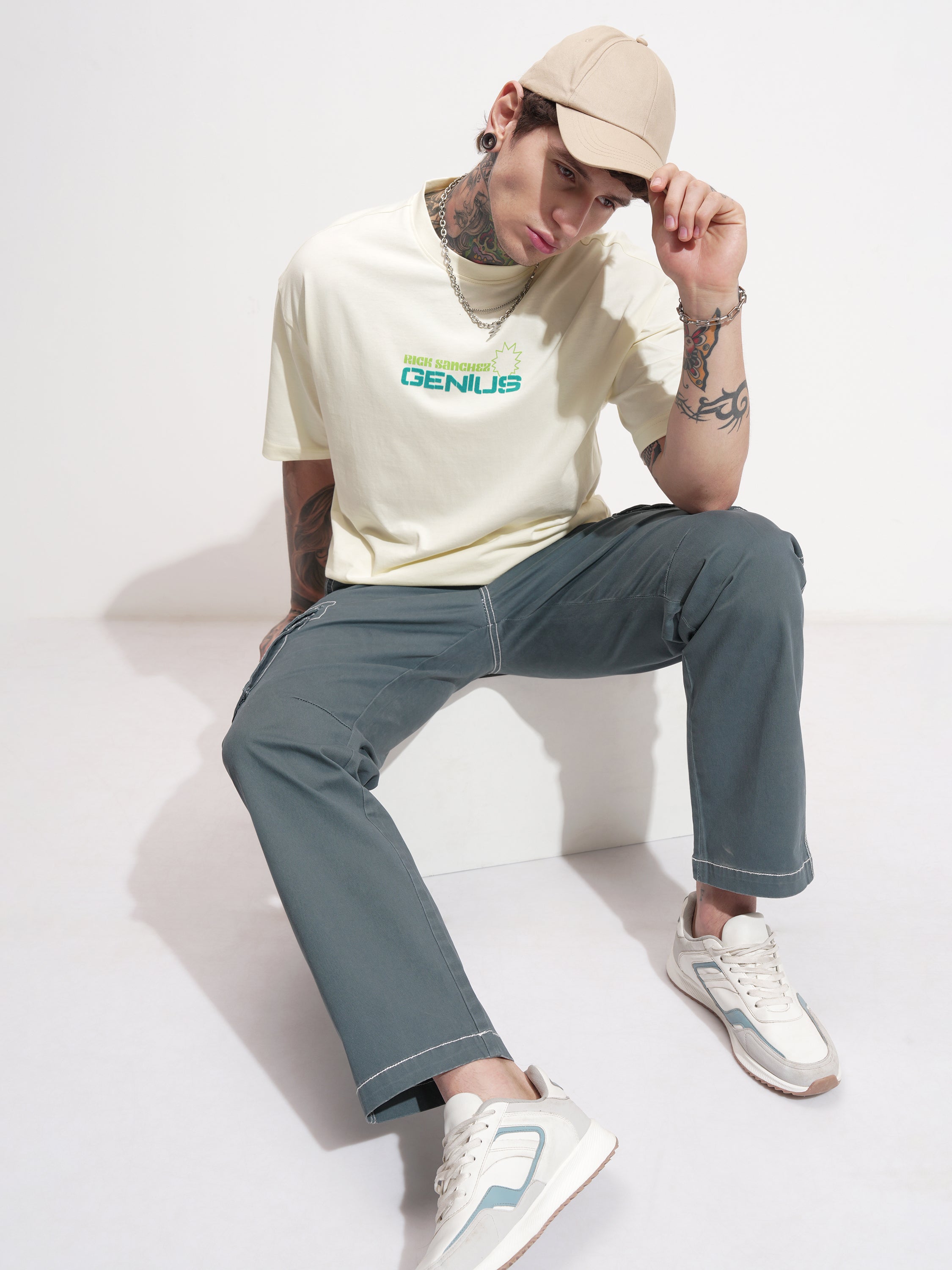 WB By Highlander Men Beige Rick And Morty Printed Round Neck Oversized Fit T-Shirt - Beige - Image 2