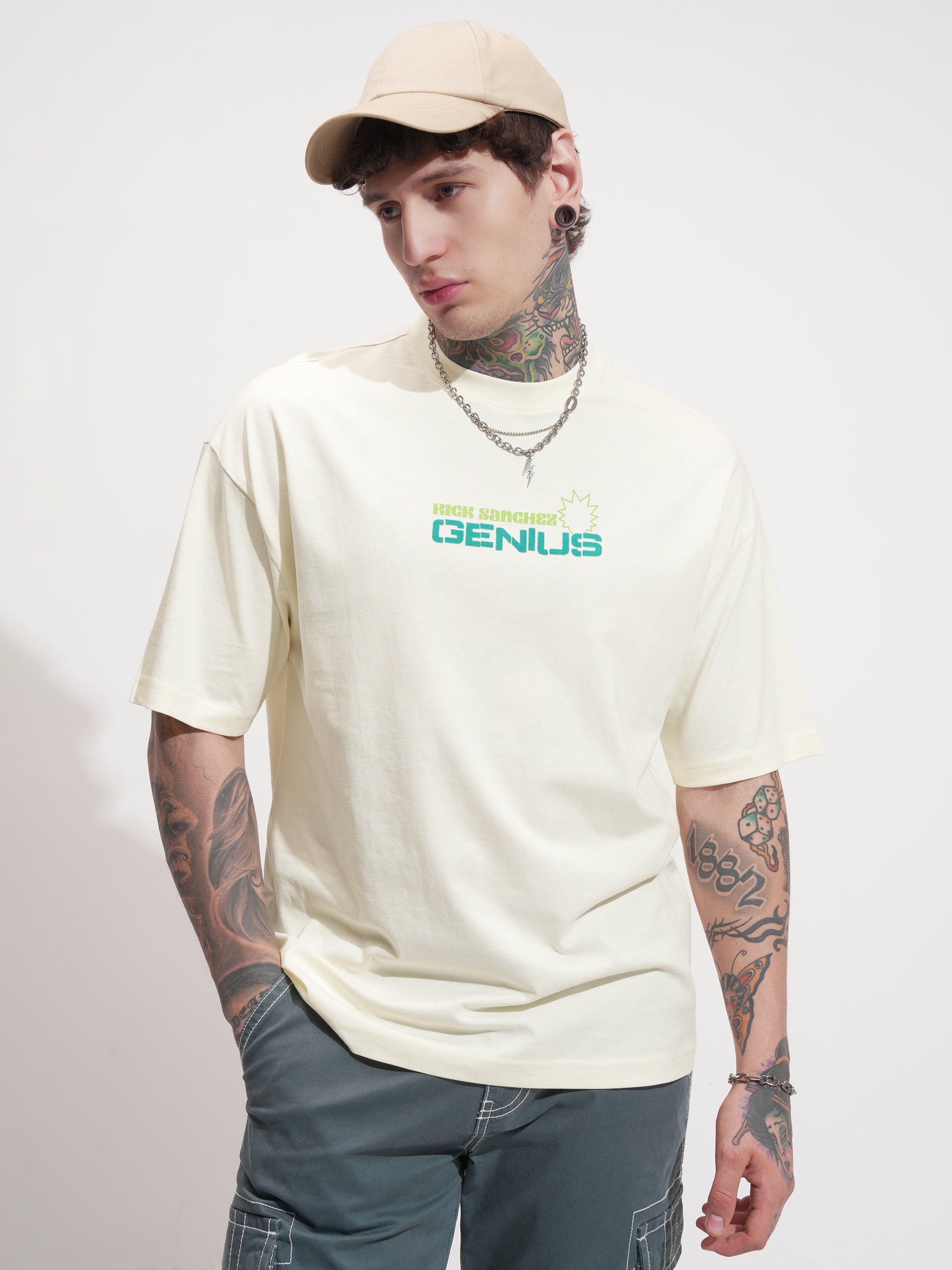 WB By Highlander Men Beige Rick And Morty Printed Round Neck Oversized Fit T-Shirt - Beige - Image 3