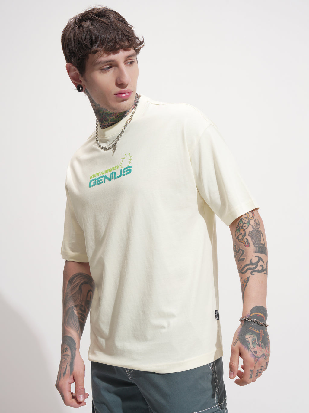 WB By Highlander Men Beige Rick And Morty Printed Round Neck Oversized Fit T-Shirt - Beige - Image 4