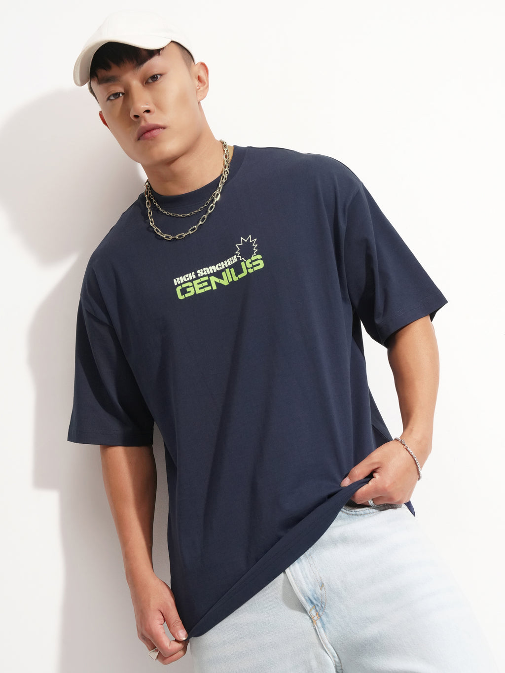 WB By Highlander Men Navy Blue Rick And Morty Printed Round Neck Oversized Fit T-Shirt - Navy Blue - Image 3