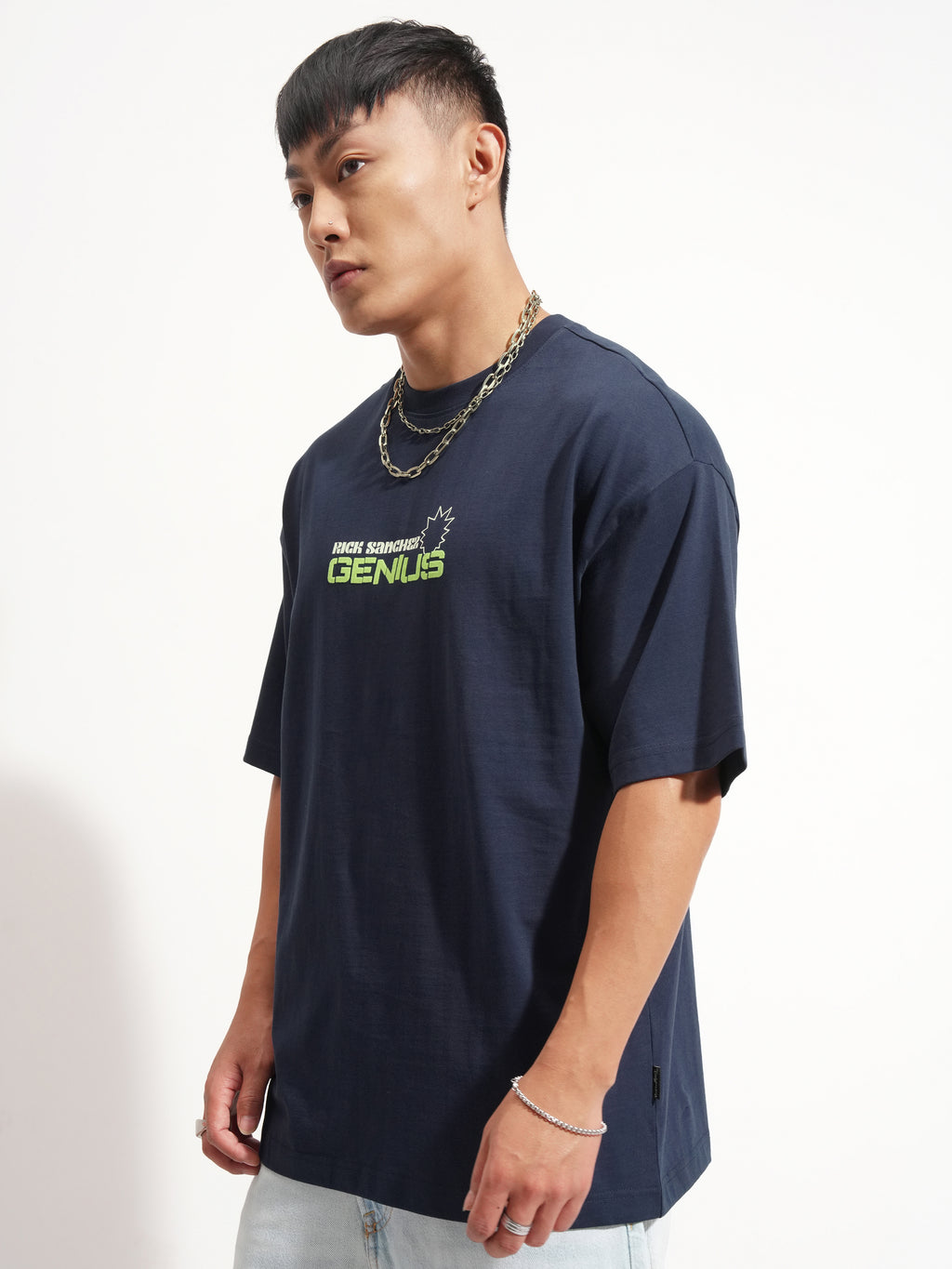 WB By Highlander Men Navy Blue Rick And Morty Printed Round Neck Oversized Fit T-Shirt - Navy Blue - Image 4