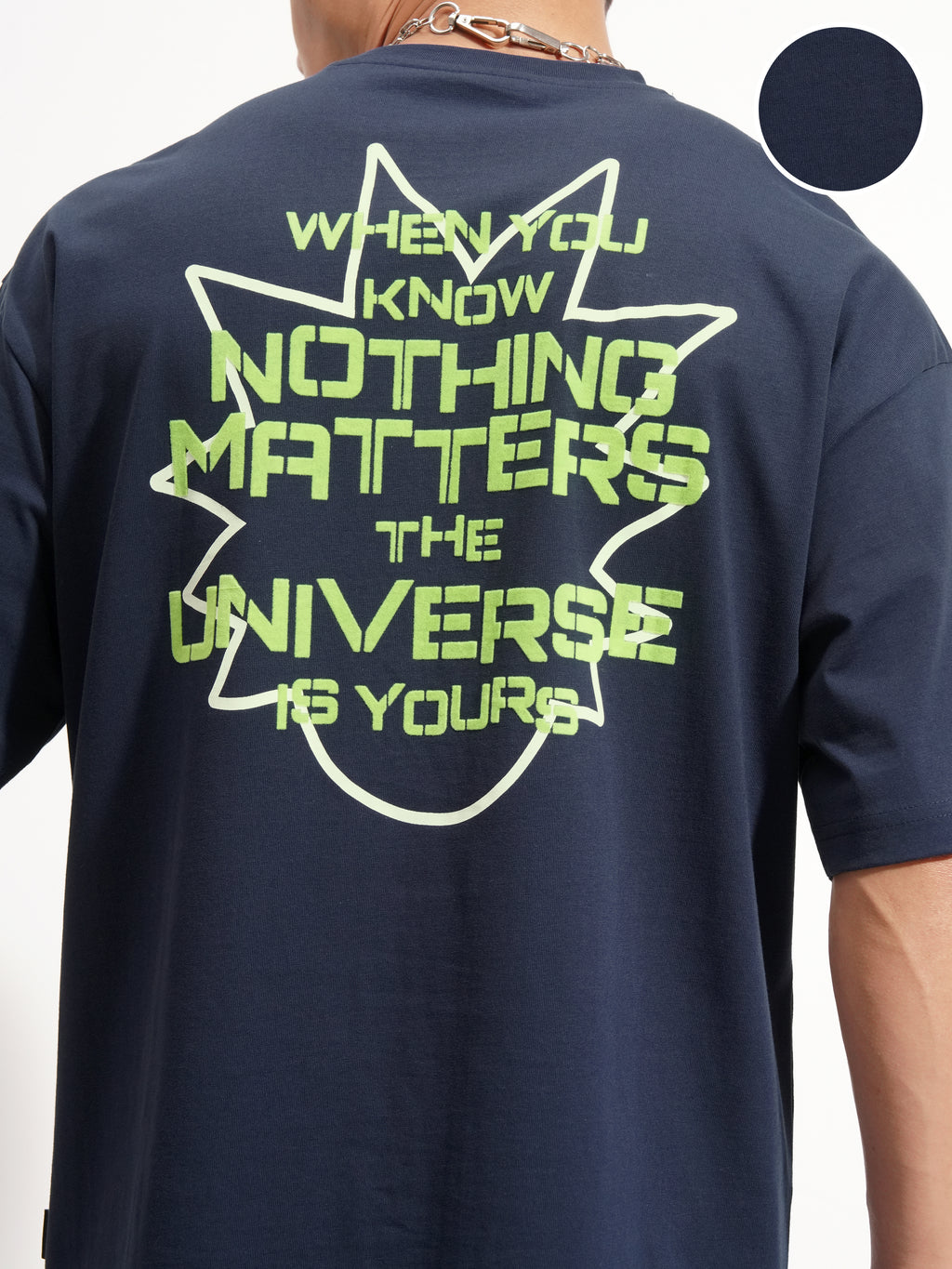 WB By Highlander Men Navy Blue Rick And Morty Printed Round Neck Oversized Fit T-Shirt - Navy Blue - Image 5