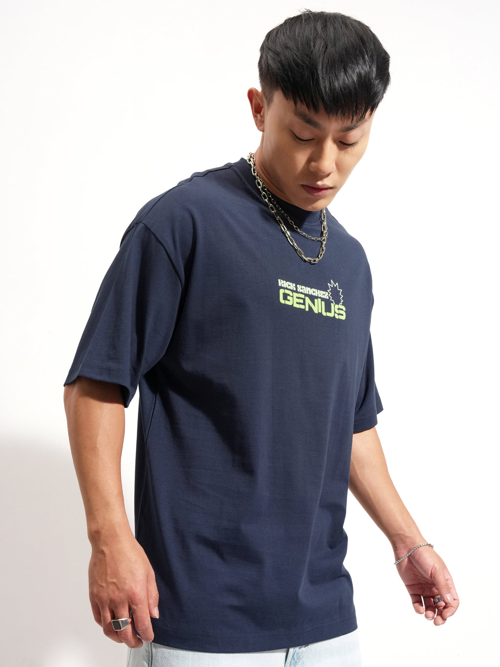 WB By Highlander Men Navy Blue Rick And Morty Printed Round Neck Oversized Fit T-Shirt - Navy Blue - Image 6