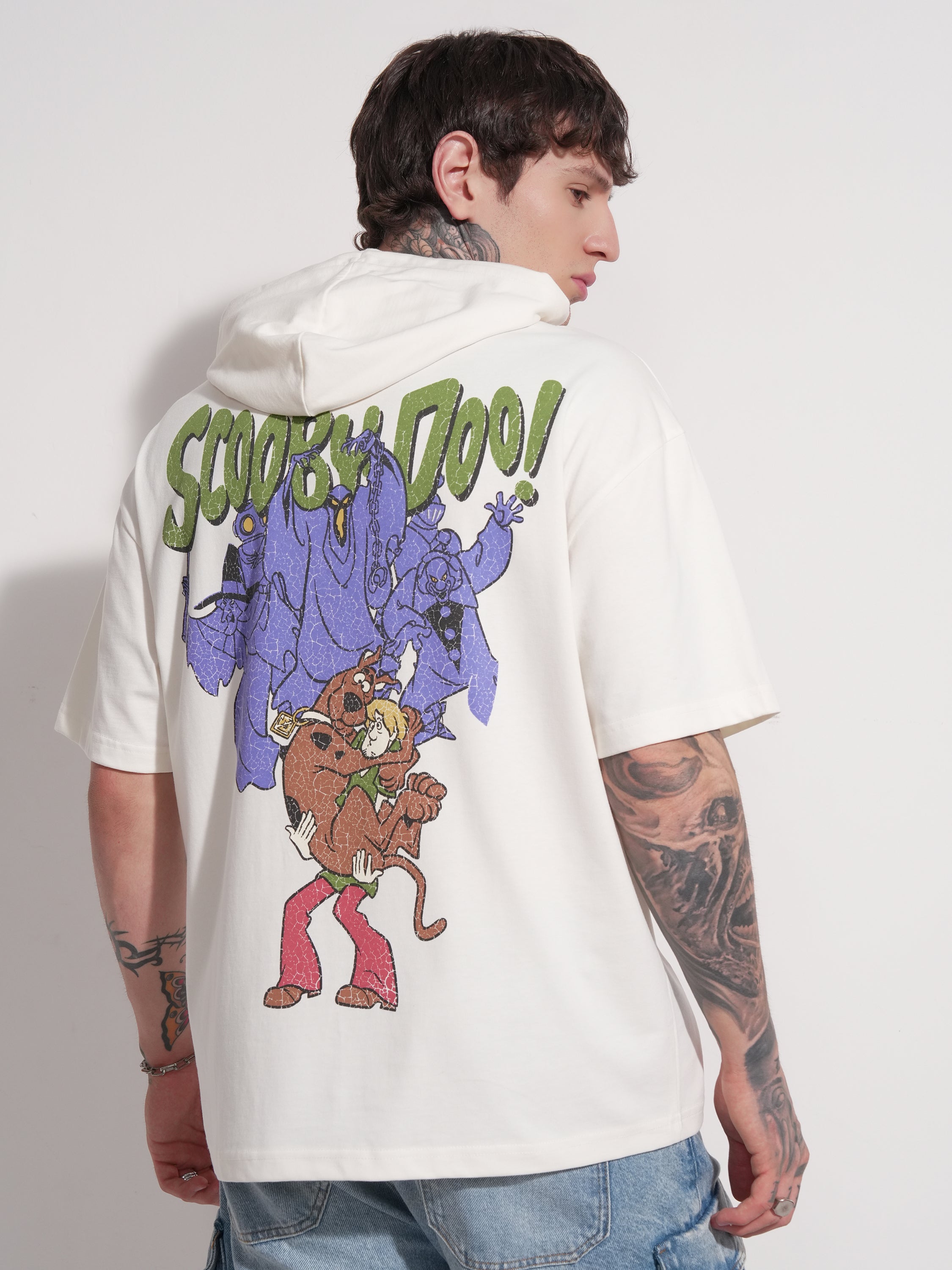 WB by Highlander Men White Scooby Doo Printed Hood Oversized Fit T-Shirt - White - Image 3