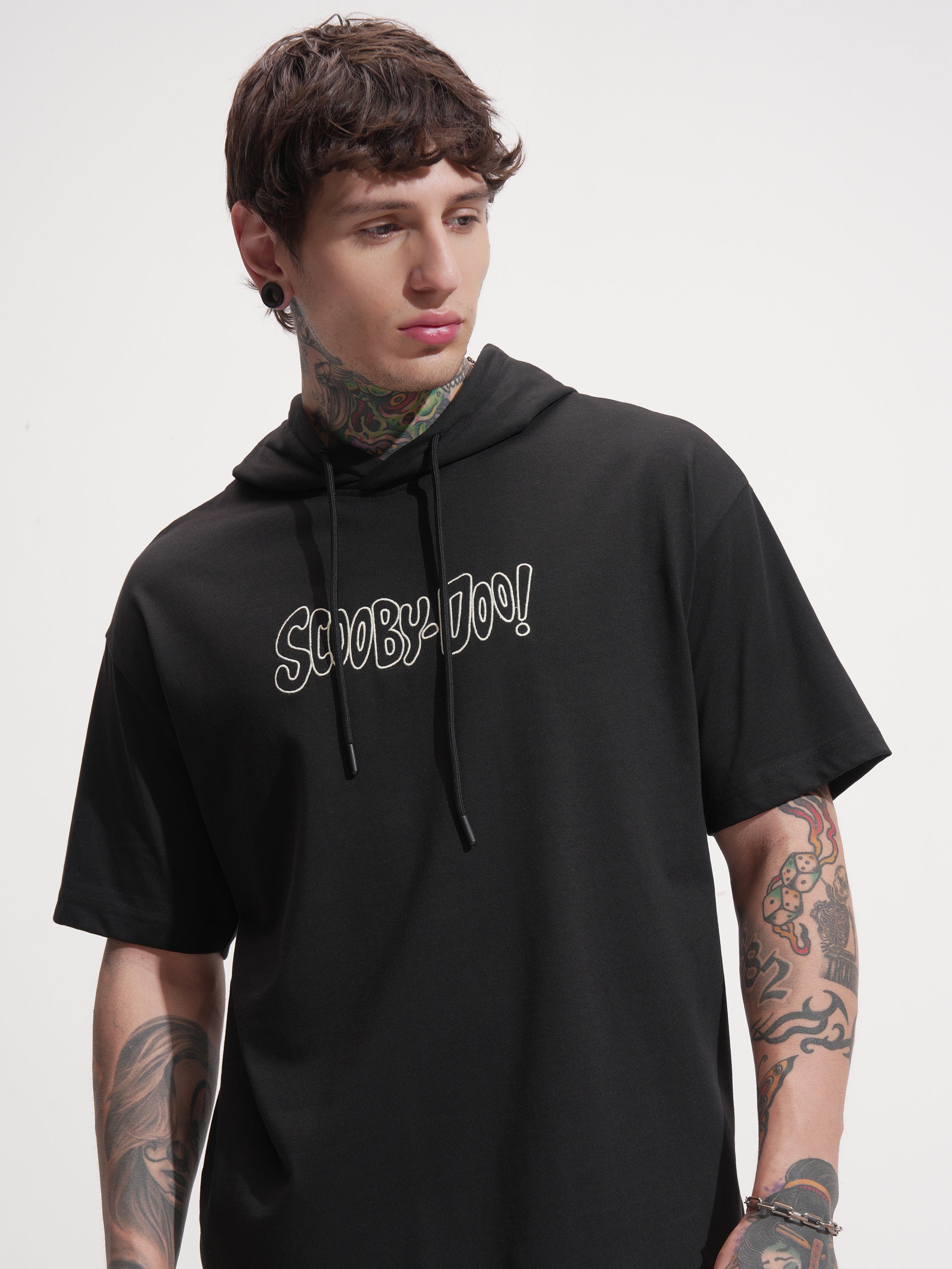 WB By Highlander Men Black Scooby Doo Printed Hood Oversized Fit T-Shirt - Black - Image 1
