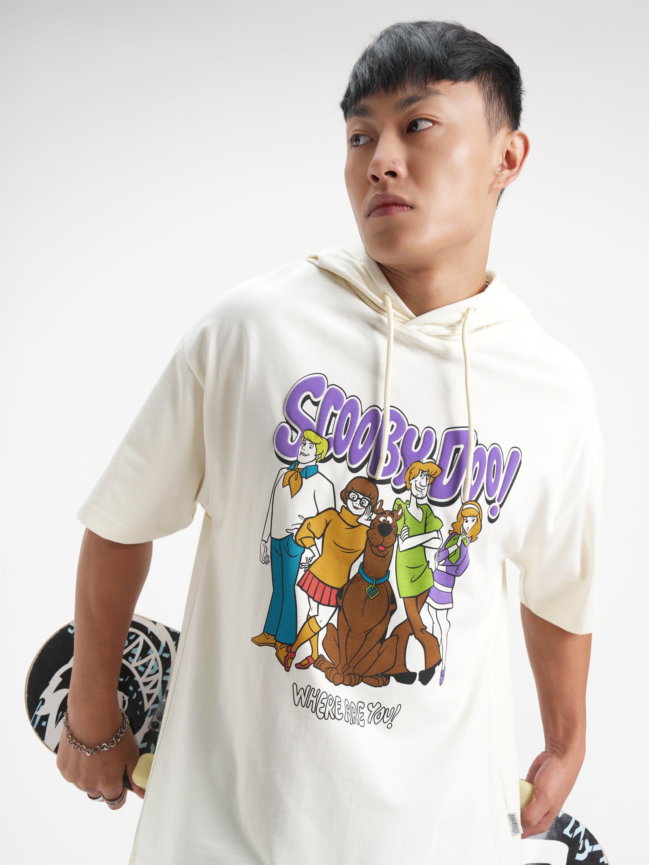 WB By Highlander Men White Scooby Doo Printed Hood Oversized Fit T-Shirt - White - Image 1