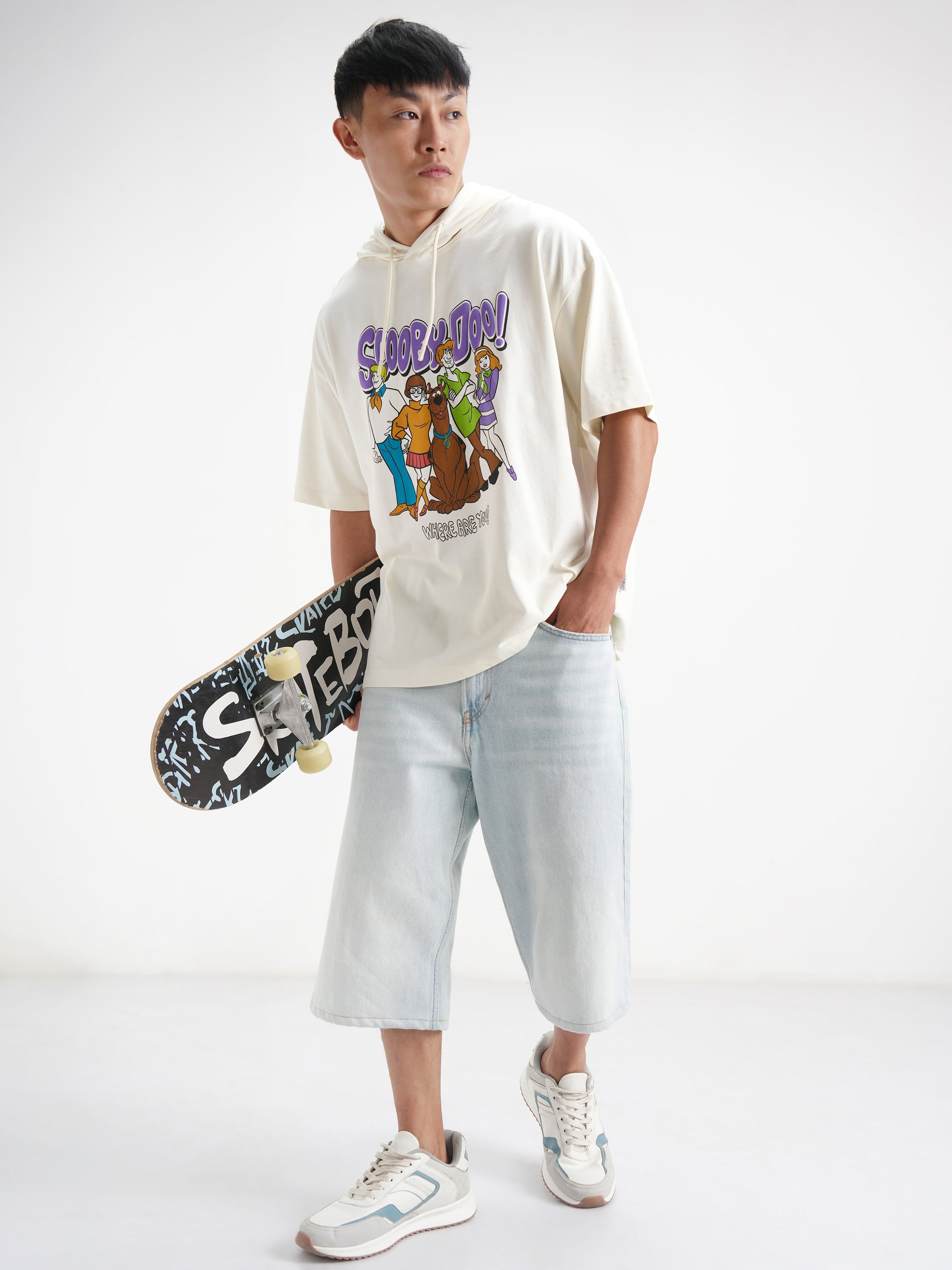 WB By Highlander Men White Scooby Doo Printed Hood Oversized Fit T-Shirt - White - Image 2