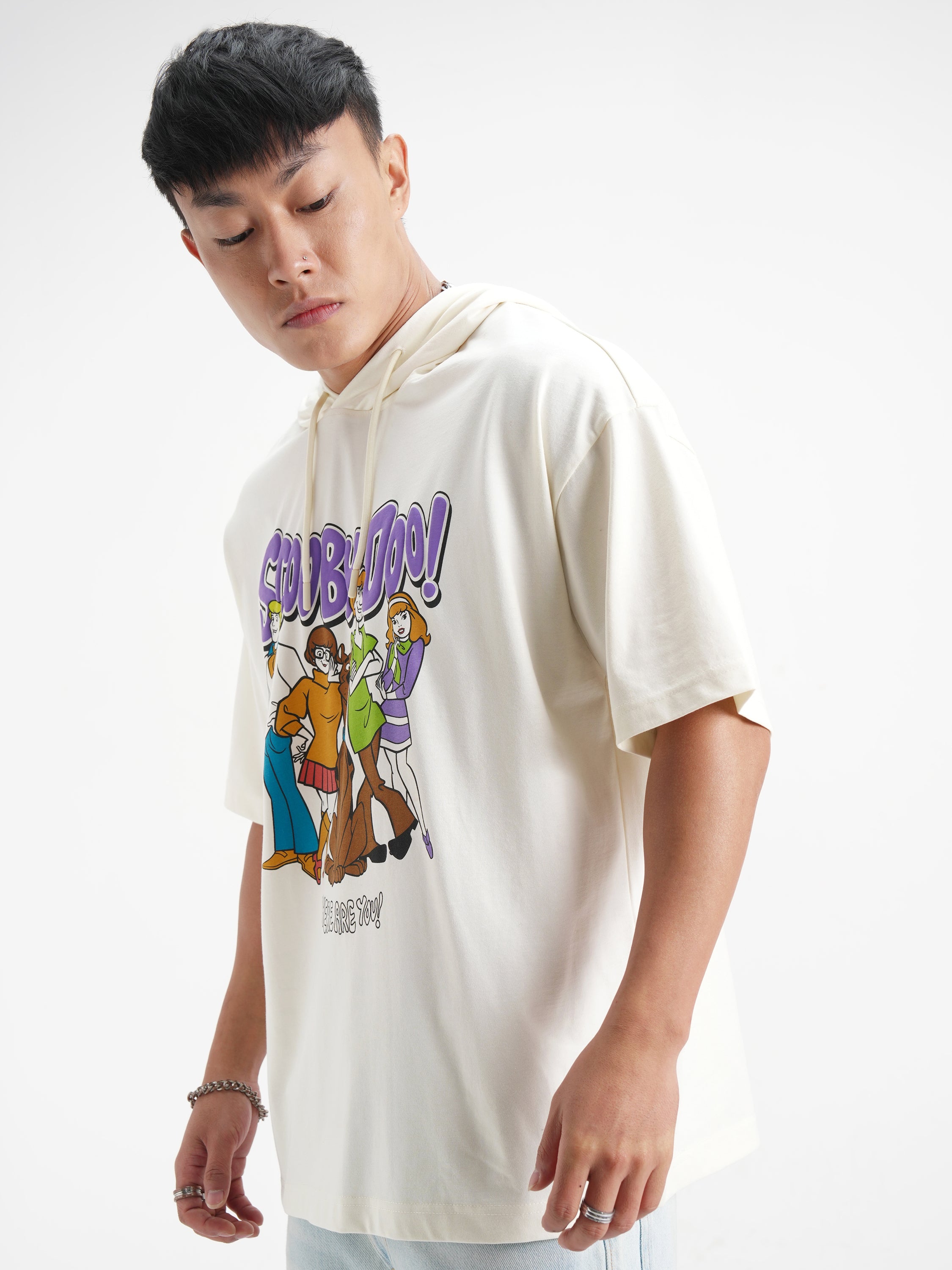 WB By Highlander Men White Scooby Doo Printed Hood Oversized Fit T-Shirt - White - Image 4
