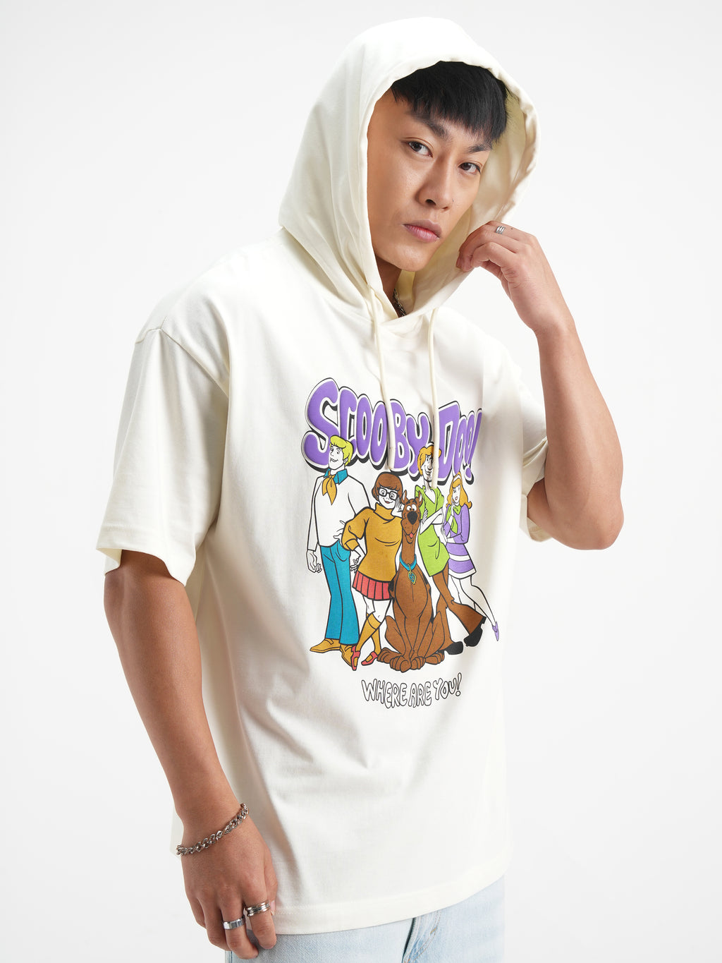 WB By Highlander Men White Scooby Doo Printed Hood Oversized Fit T-Shirt - White - Image 6