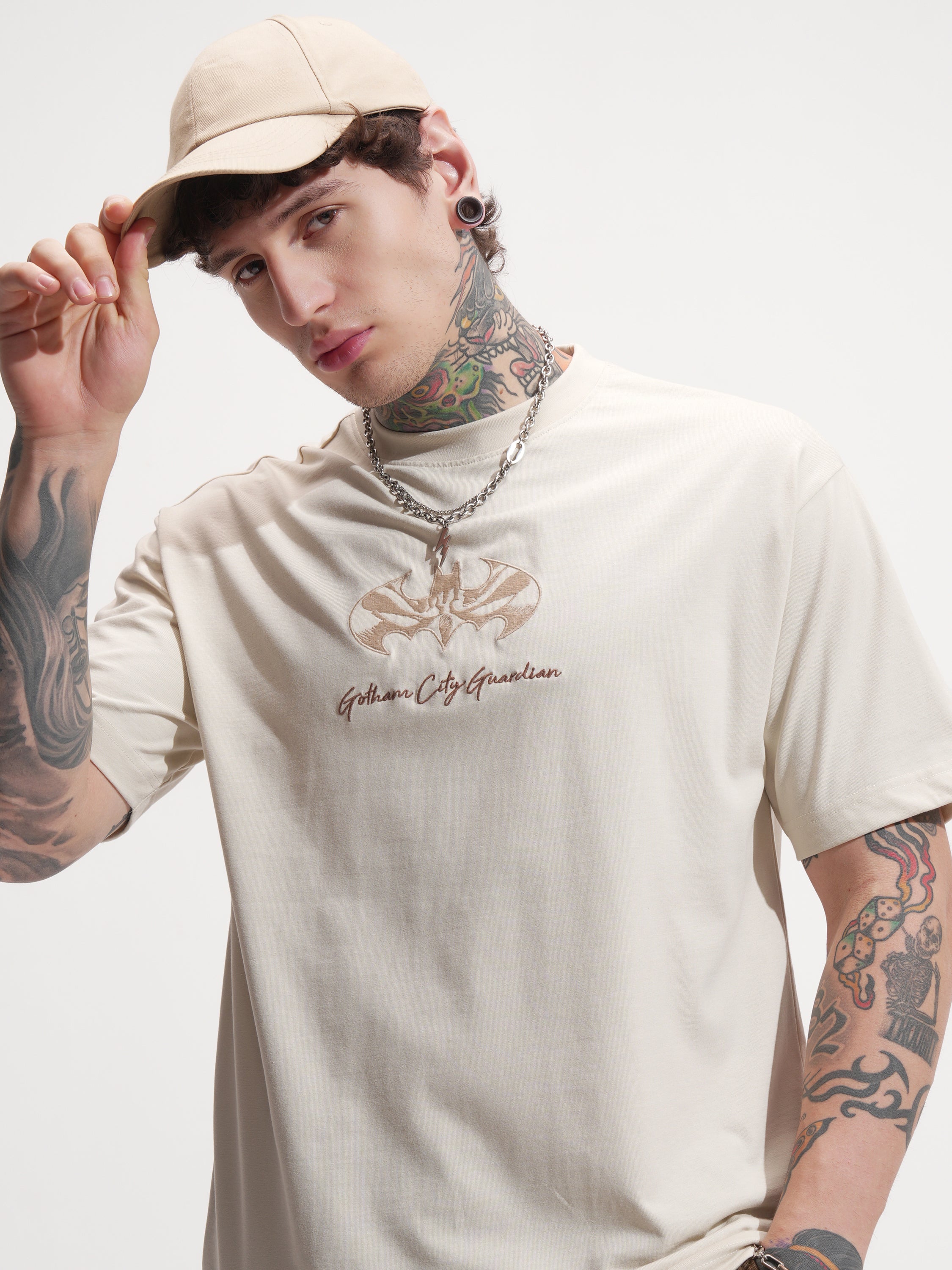 DC By Highlander Men Cream Batman Embroidered Round Neck T-Shirt - Cream - Image 1