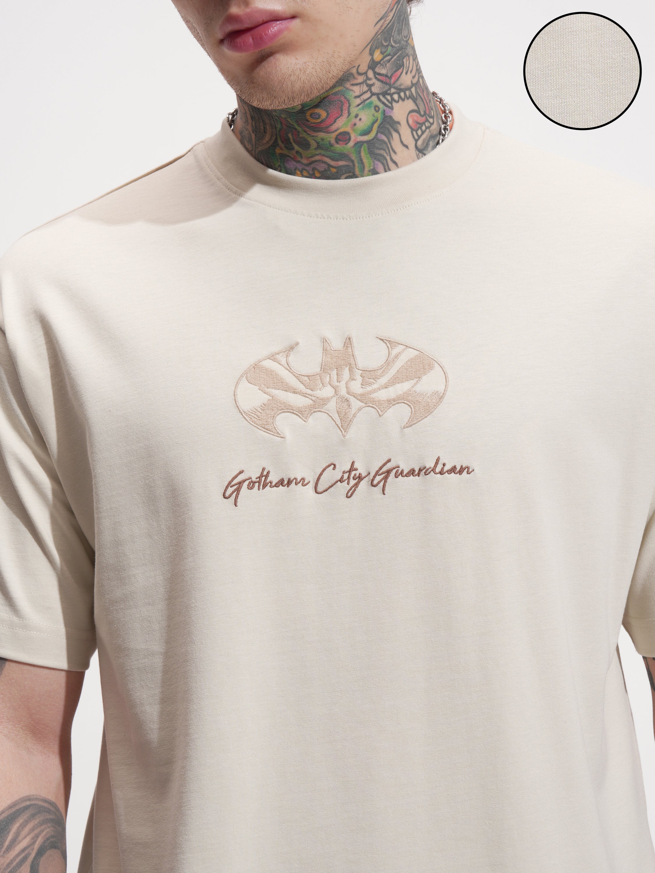 DC By Highlander Men Cream Batman Embroidered Round Neck T-Shirt - Cream - Image 5