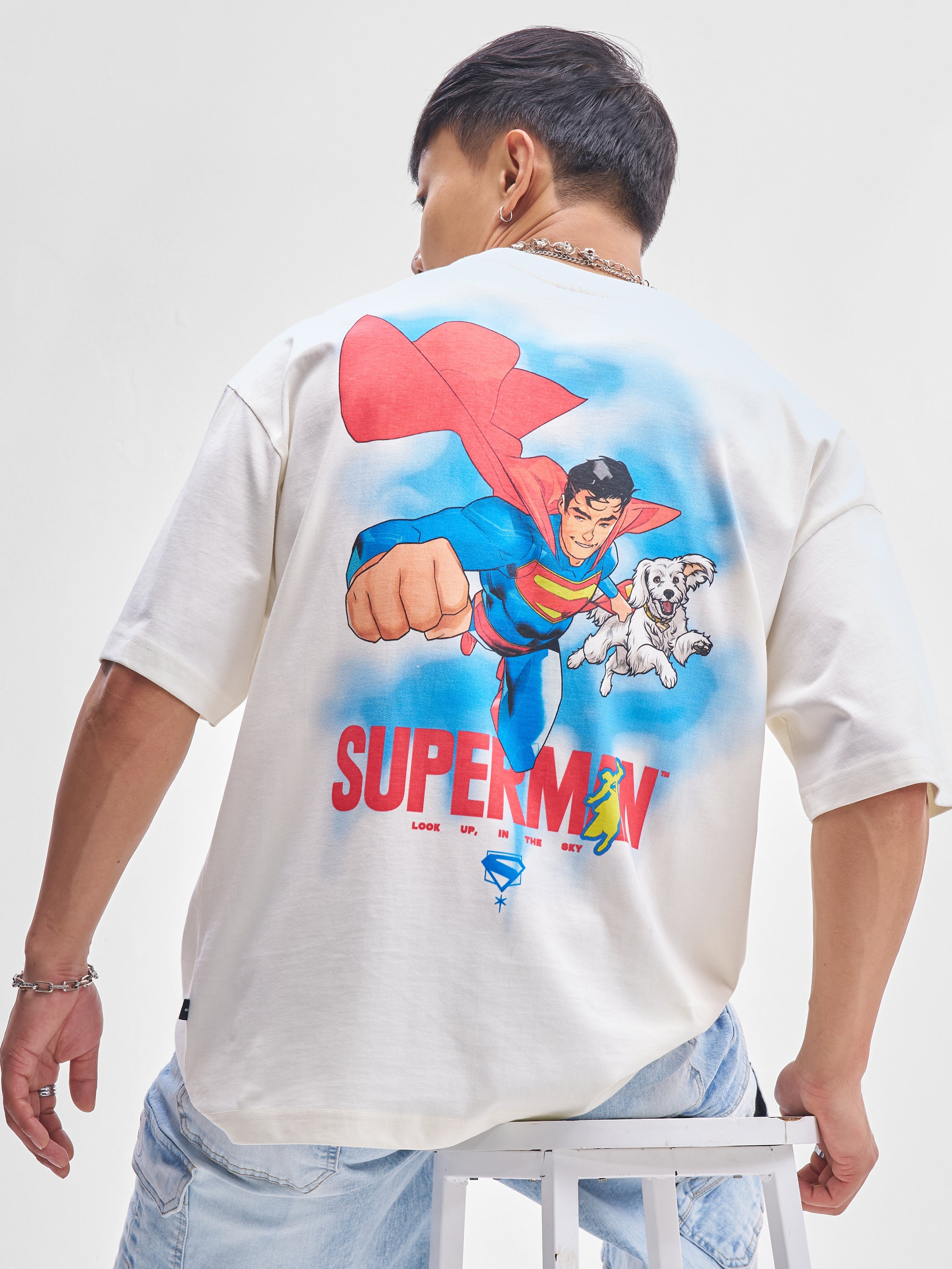 DC By Highlander Men Off White Superman Printed Round Neck Oversized Fit T-Shirt - Off White - Image 3
