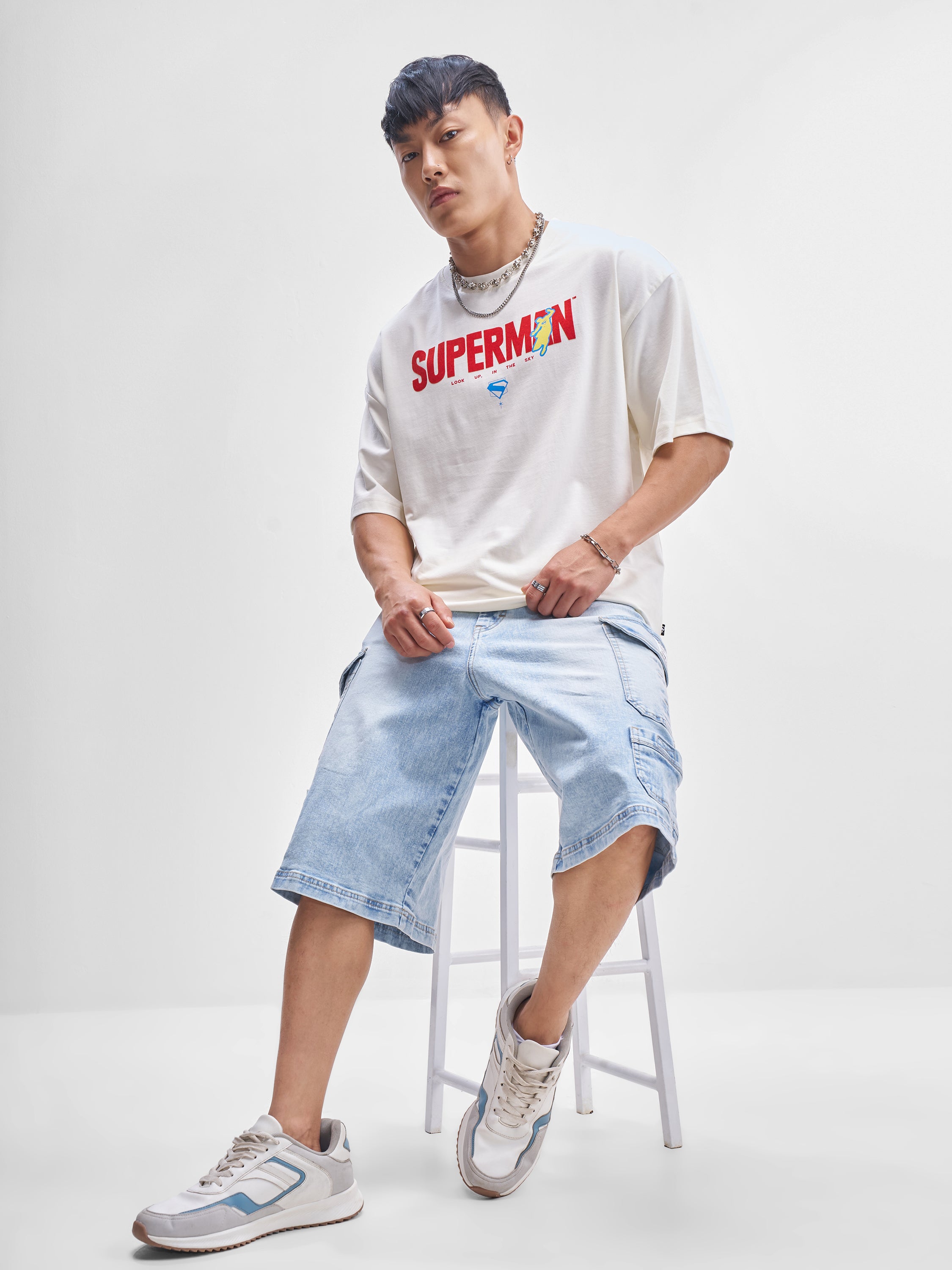 DC By Highlander Men Off White Superman Printed Round Neck Oversized Fit T-Shirt - Off White - Image 4