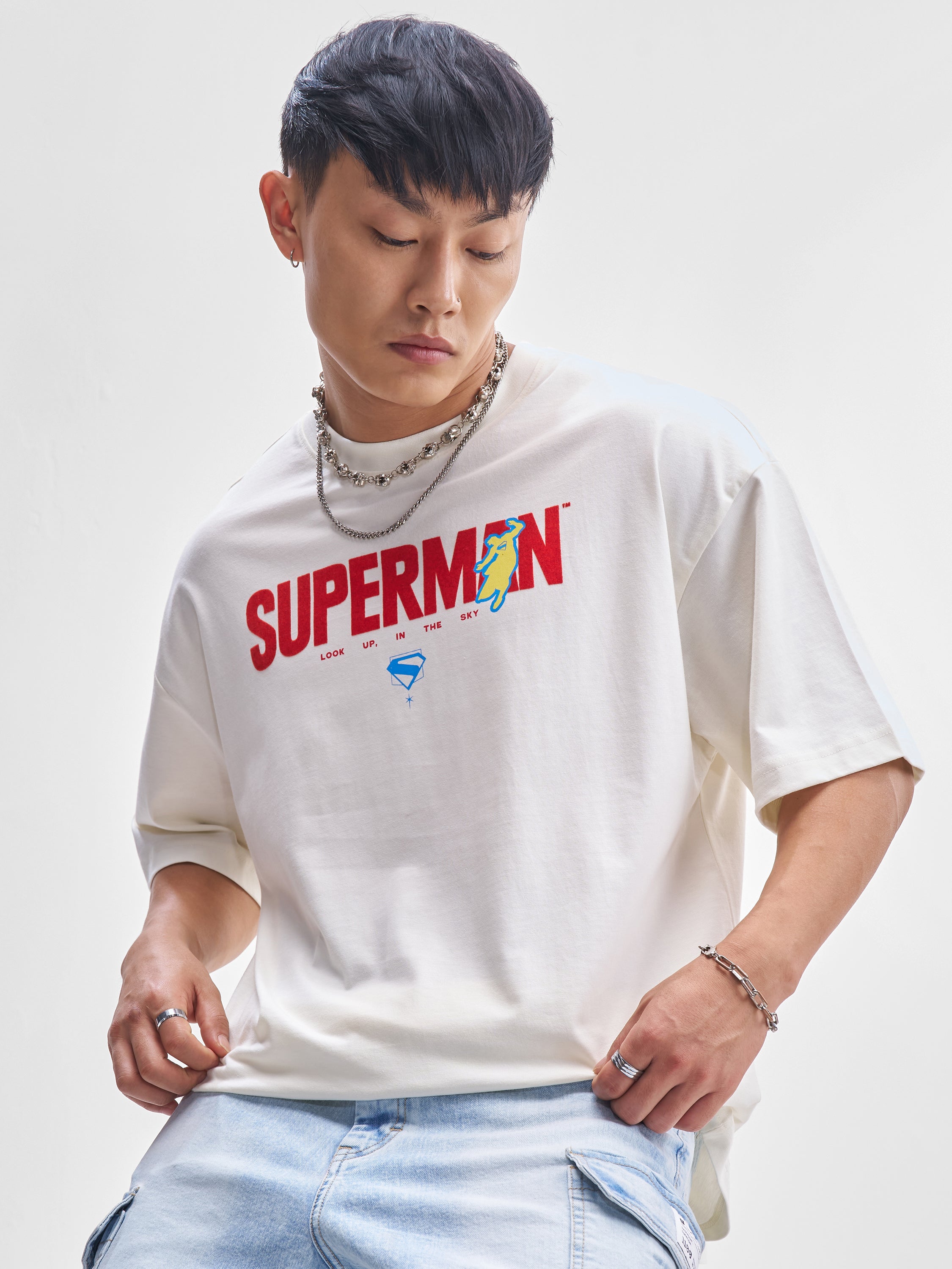 DC By Highlander Men Off White Superman Printed Round Neck Oversized Fit T-Shirt - Off White - Image 5