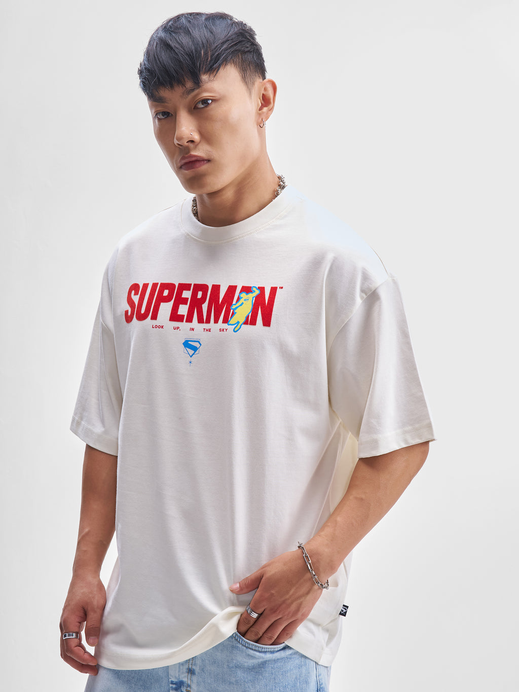 DC By Highlander Men Off White Superman Printed Round Neck Oversized Fit T-Shirt - Off White - Image 6