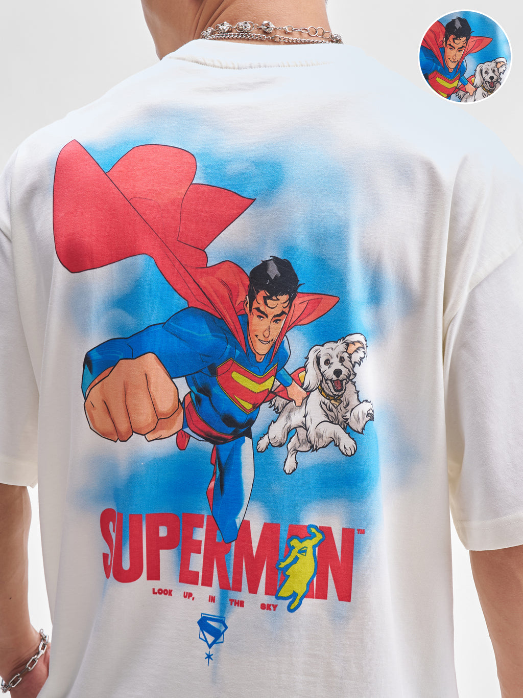 DC By Highlander Men Off White Superman Printed Round Neck Oversized Fit T-Shirt - Off White - Image 7