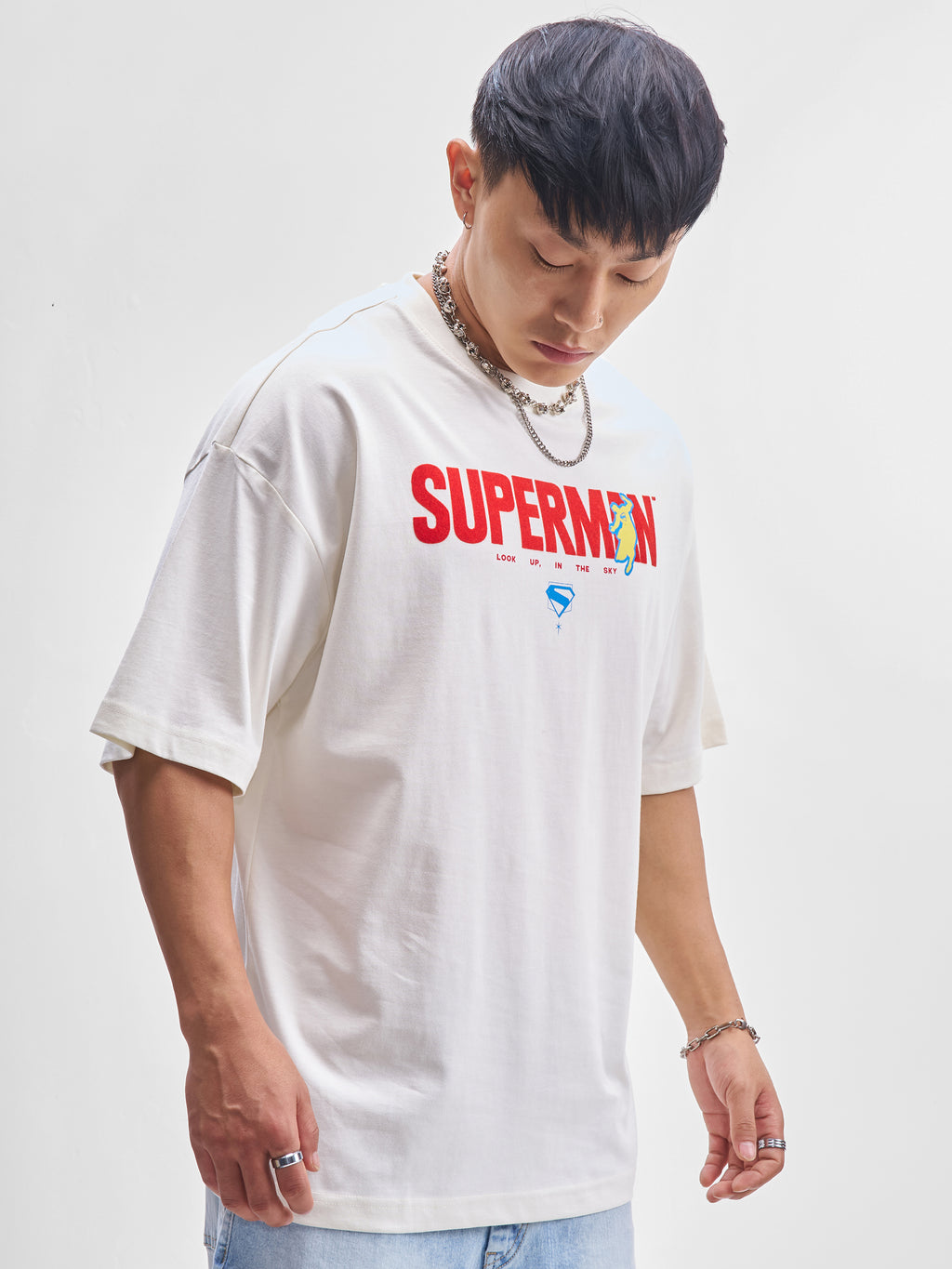 DC By Highlander Men Off White Superman Printed Round Neck Oversized Fit T-Shirt - Off White - Image 8