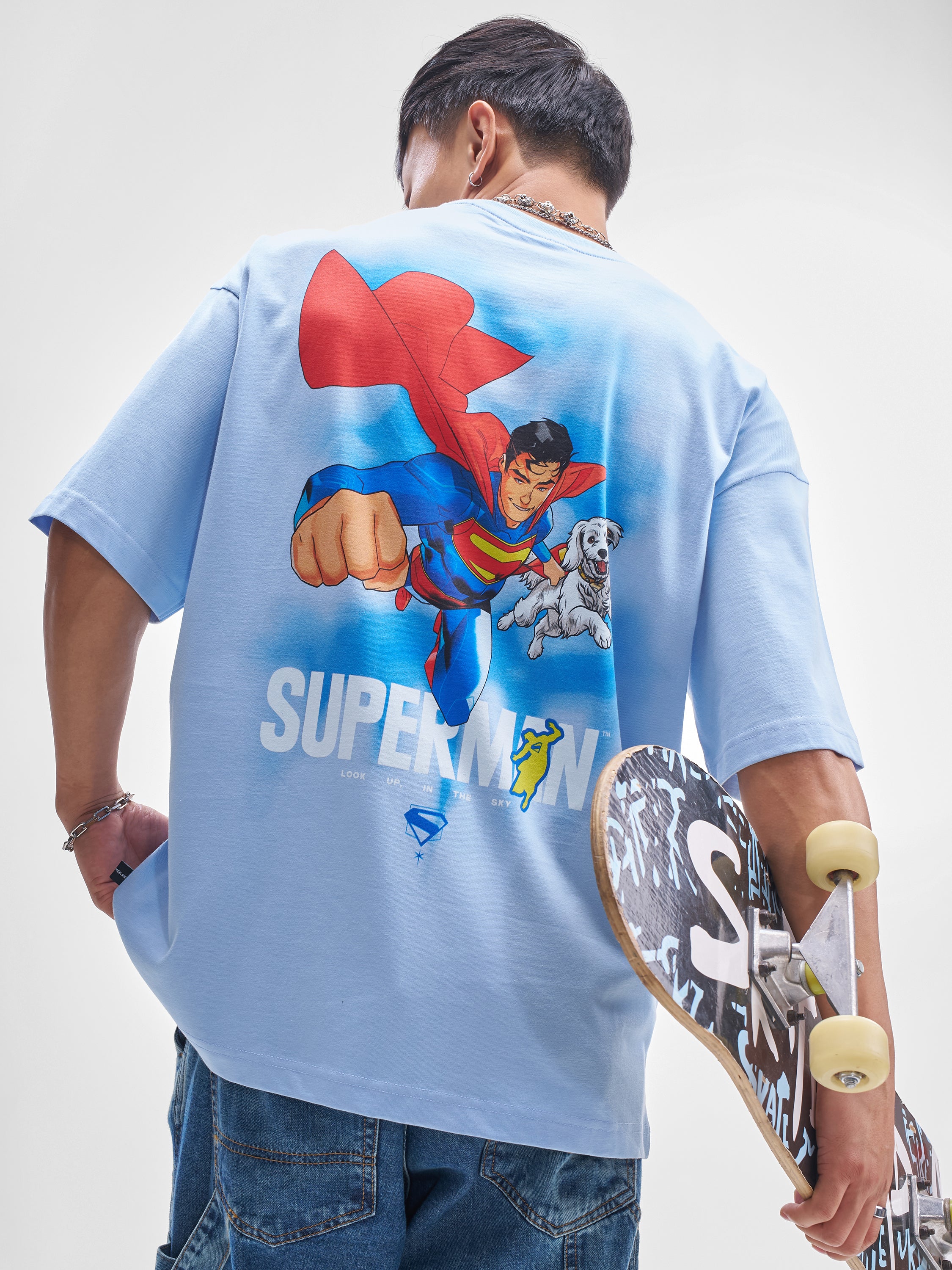 DC By Highlander Men Blue Superman Printed Round Neck Oversized Fit T-Shirt - Blue - Image 1