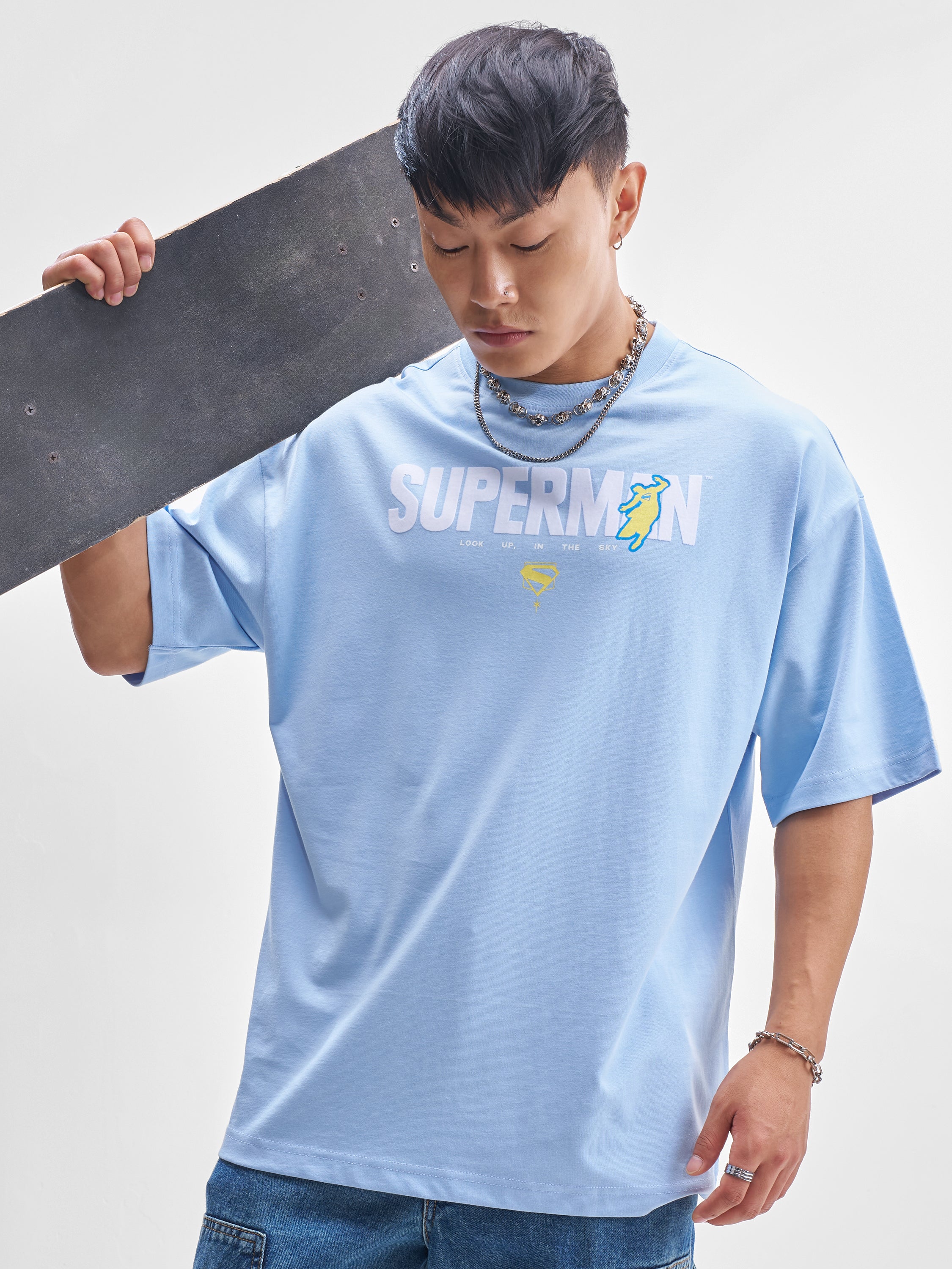 DC By Highlander Men Blue Superman Printed Round Neck Oversized Fit T-Shirt - Blue - Image 3