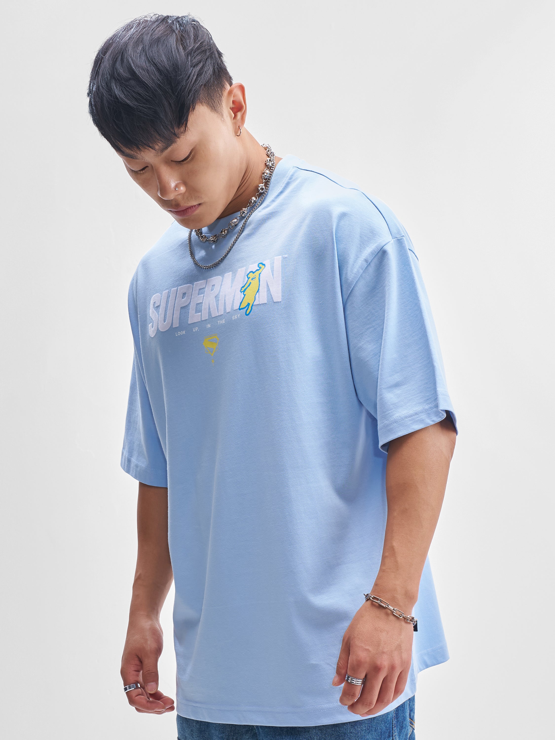 DC By Highlander Men Blue Superman Printed Round Neck Oversized Fit T-Shirt - Blue - Image 4