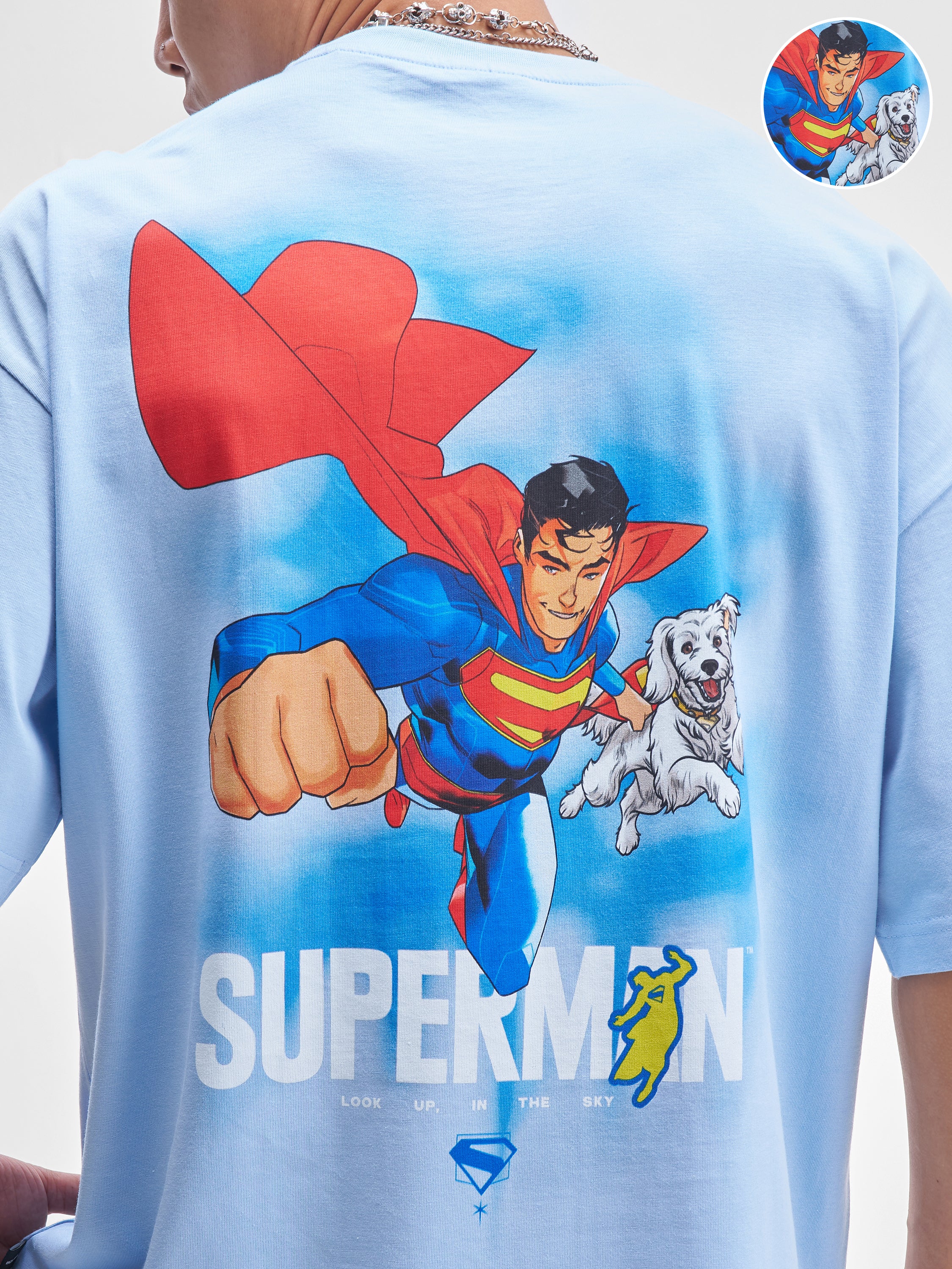 DC By Highlander Men Blue Superman Printed Round Neck Oversized Fit T-Shirt - Blue - Image 5