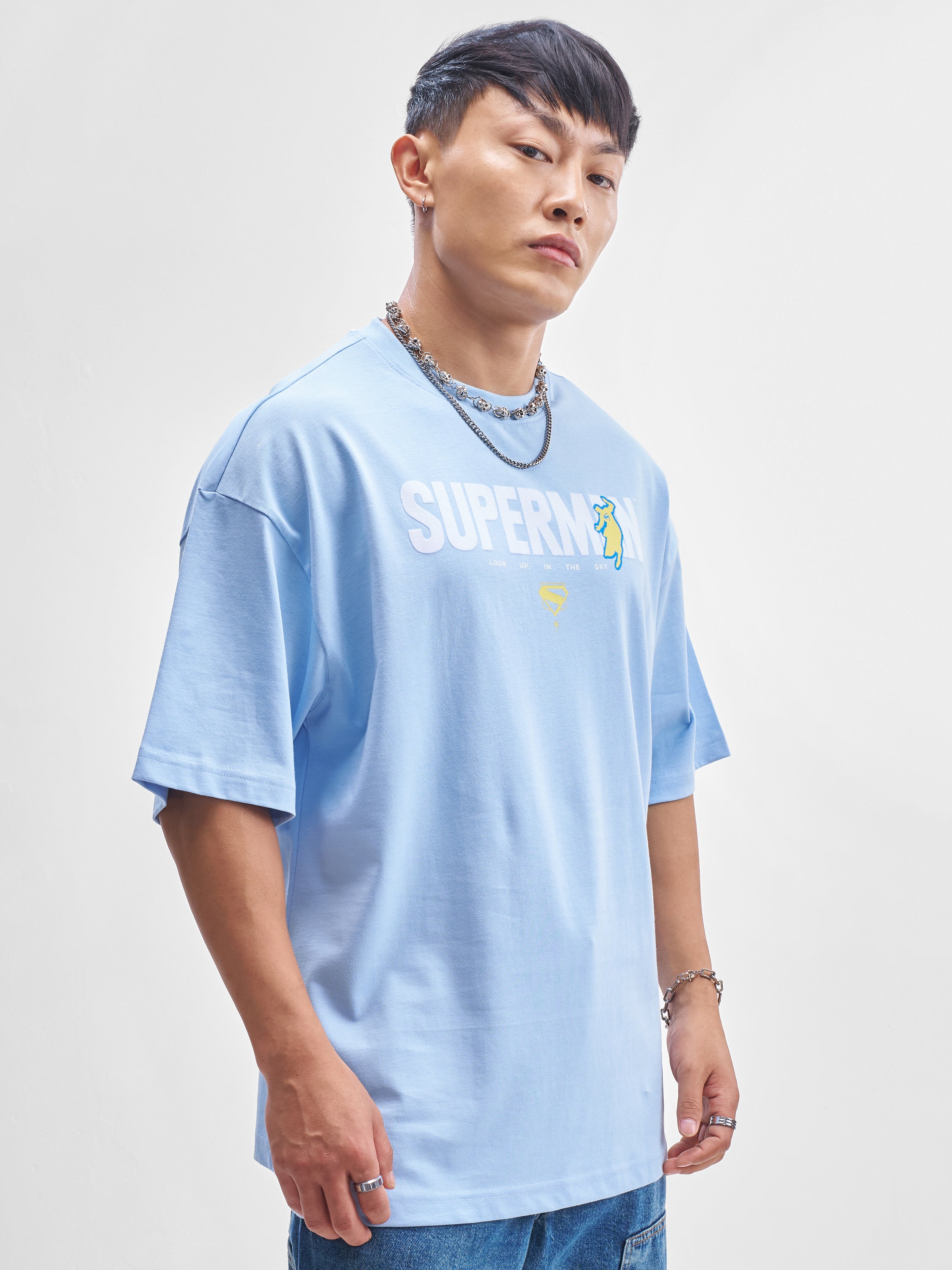 DC By Highlander Men Blue Superman Printed Round Neck Oversized Fit T-Shirt - Blue - Image 6