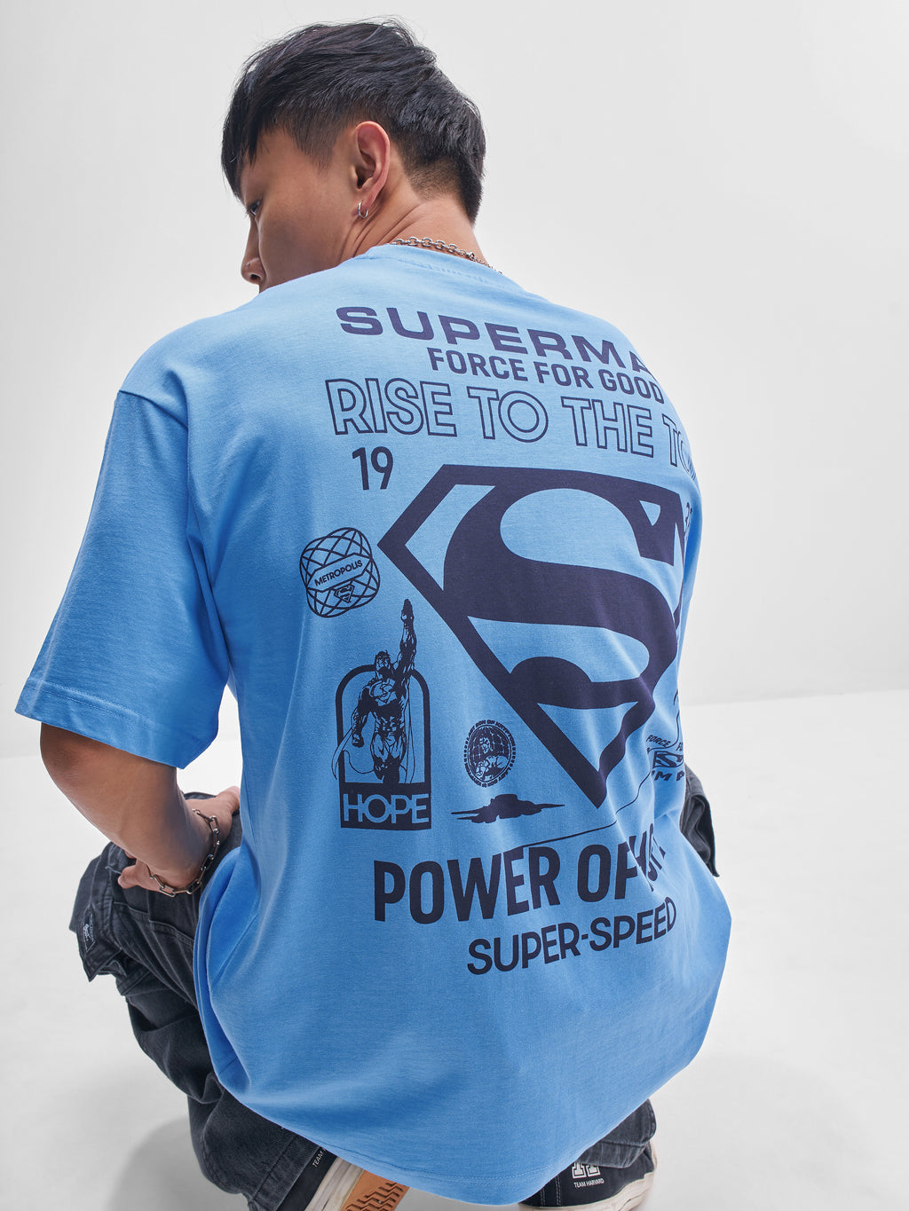 DC By Highlander Men Blue Superman Printed Round Neck Oversized Fit T-Shirt - Blue - Image 1