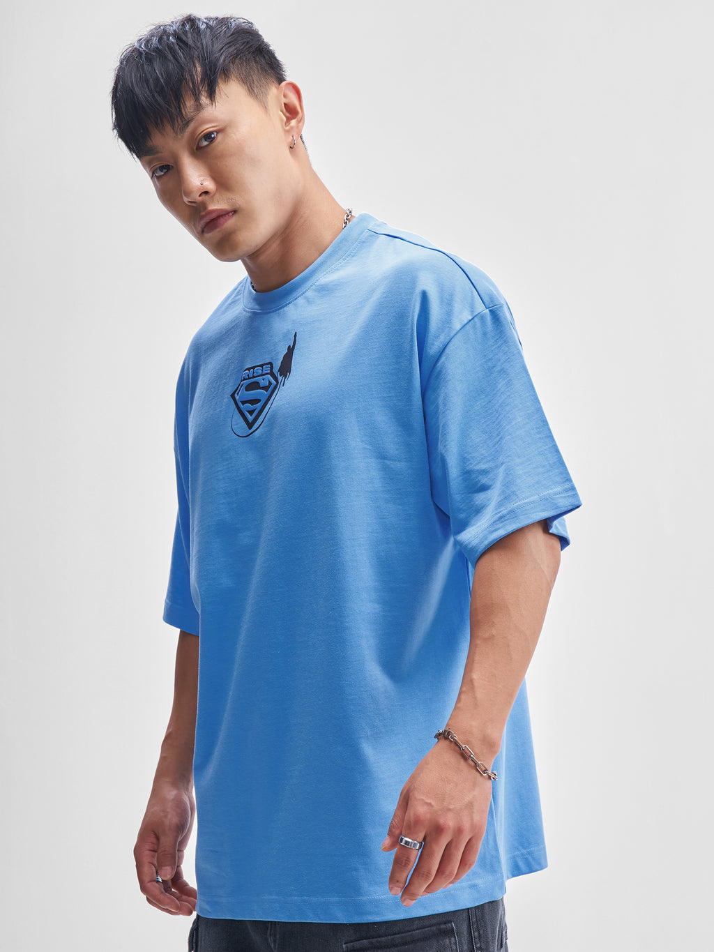 DC By Highlander Men Blue Superman Printed Round Neck Oversized Fit T-Shirt - Blue - Image 4