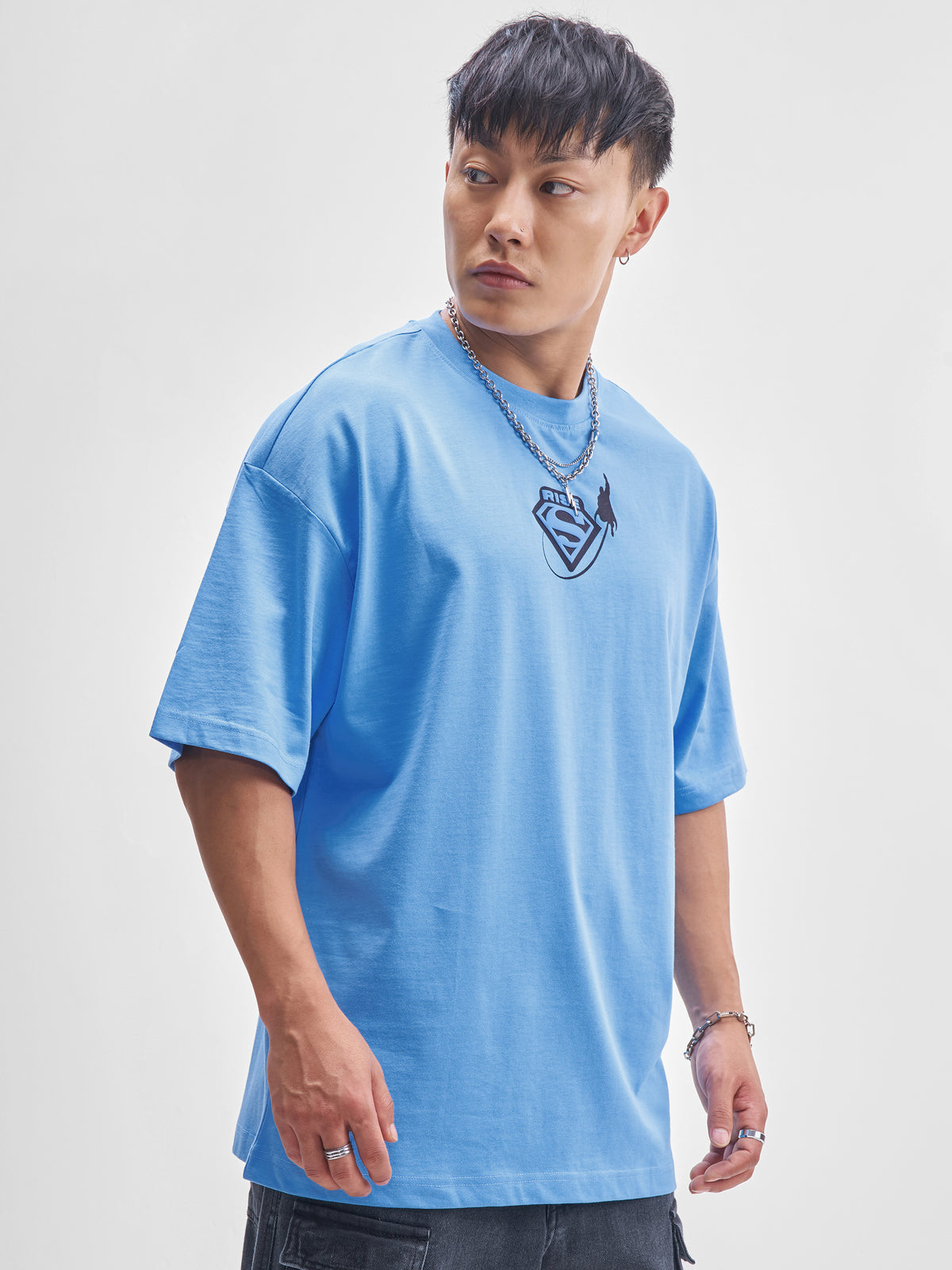 DC By Highlander Men Blue Superman Printed Round Neck Oversized Fit T-Shirt - Blue - Image 6